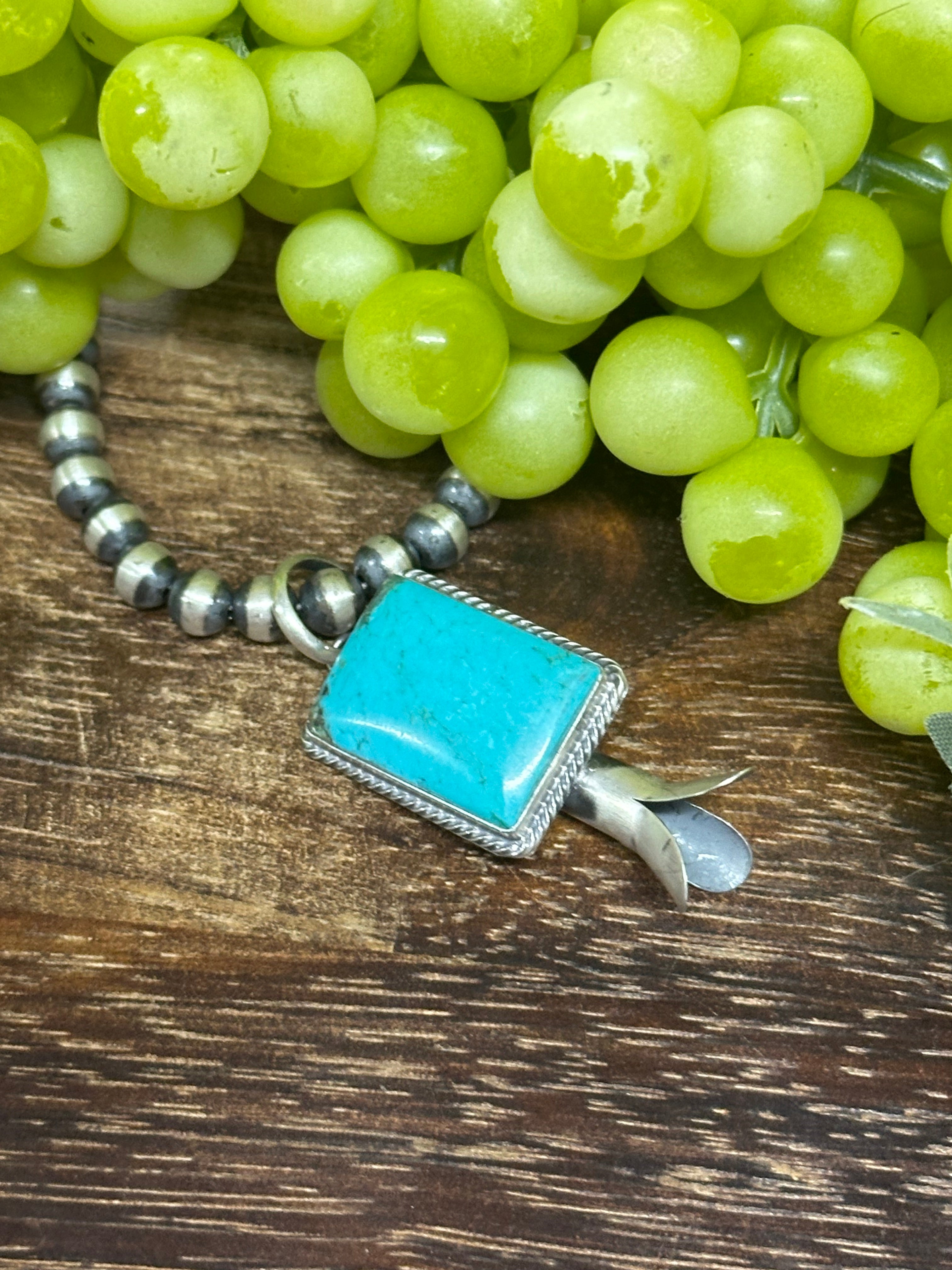 Navajo Made Kingman Turquoise & Sterling Silver Blossom Pendant