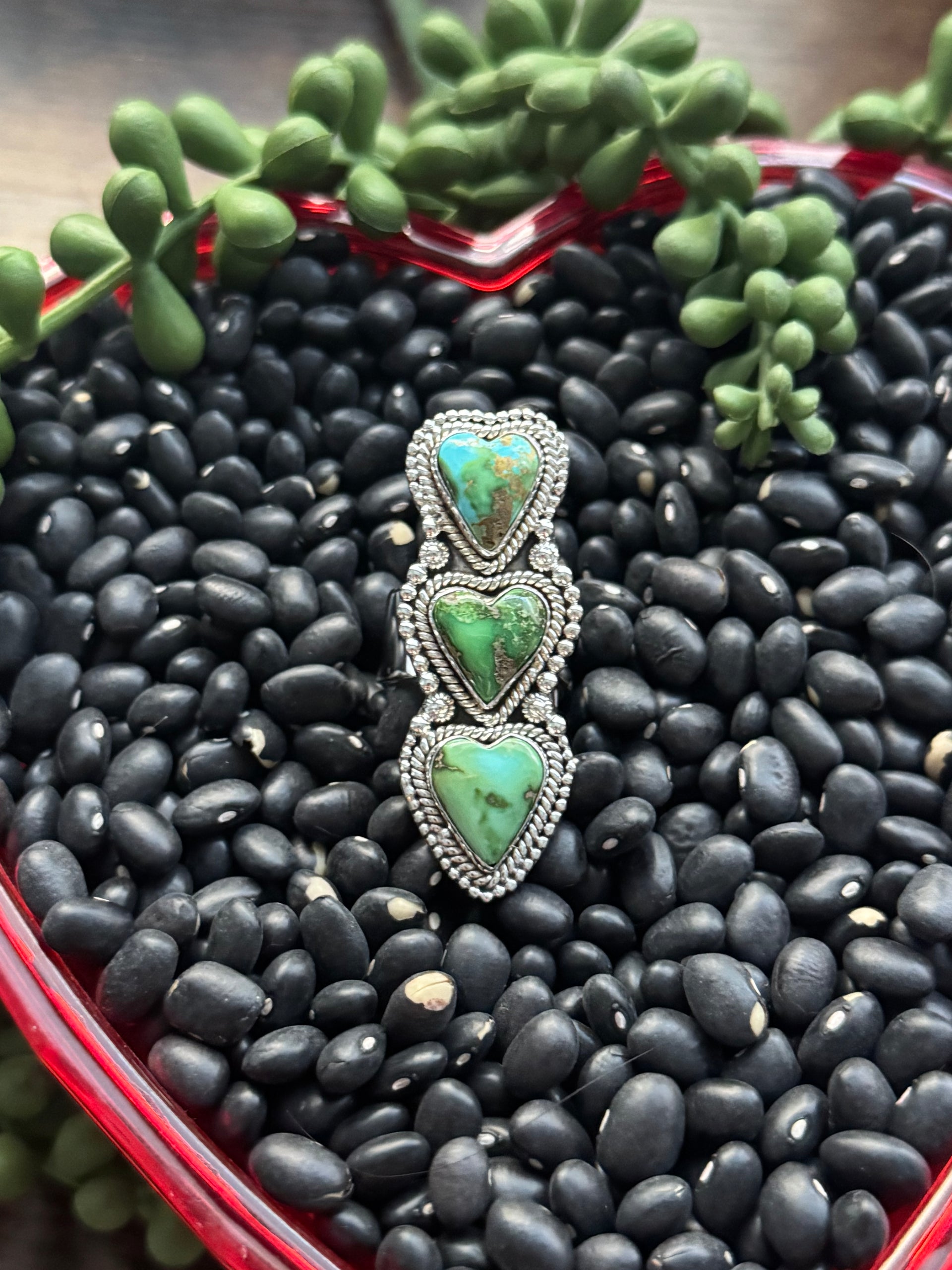 Southwest Handmade Sonoran Mountain Turquoise & Sterling Silver Adjustable Cluster Triple Heart Ring