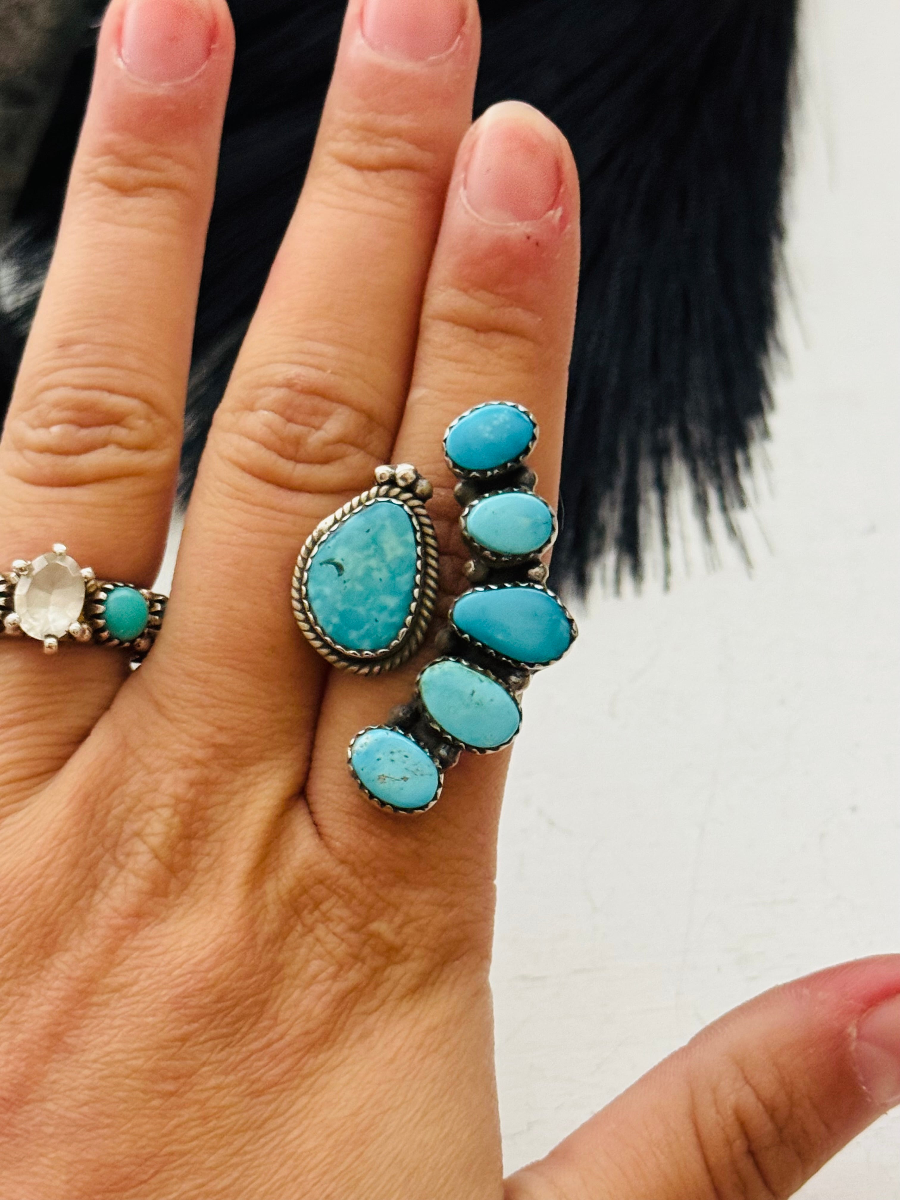 Southwest Handmade Valley Blue Turquoise & Sterling Silver Adjustable Cluster Ring