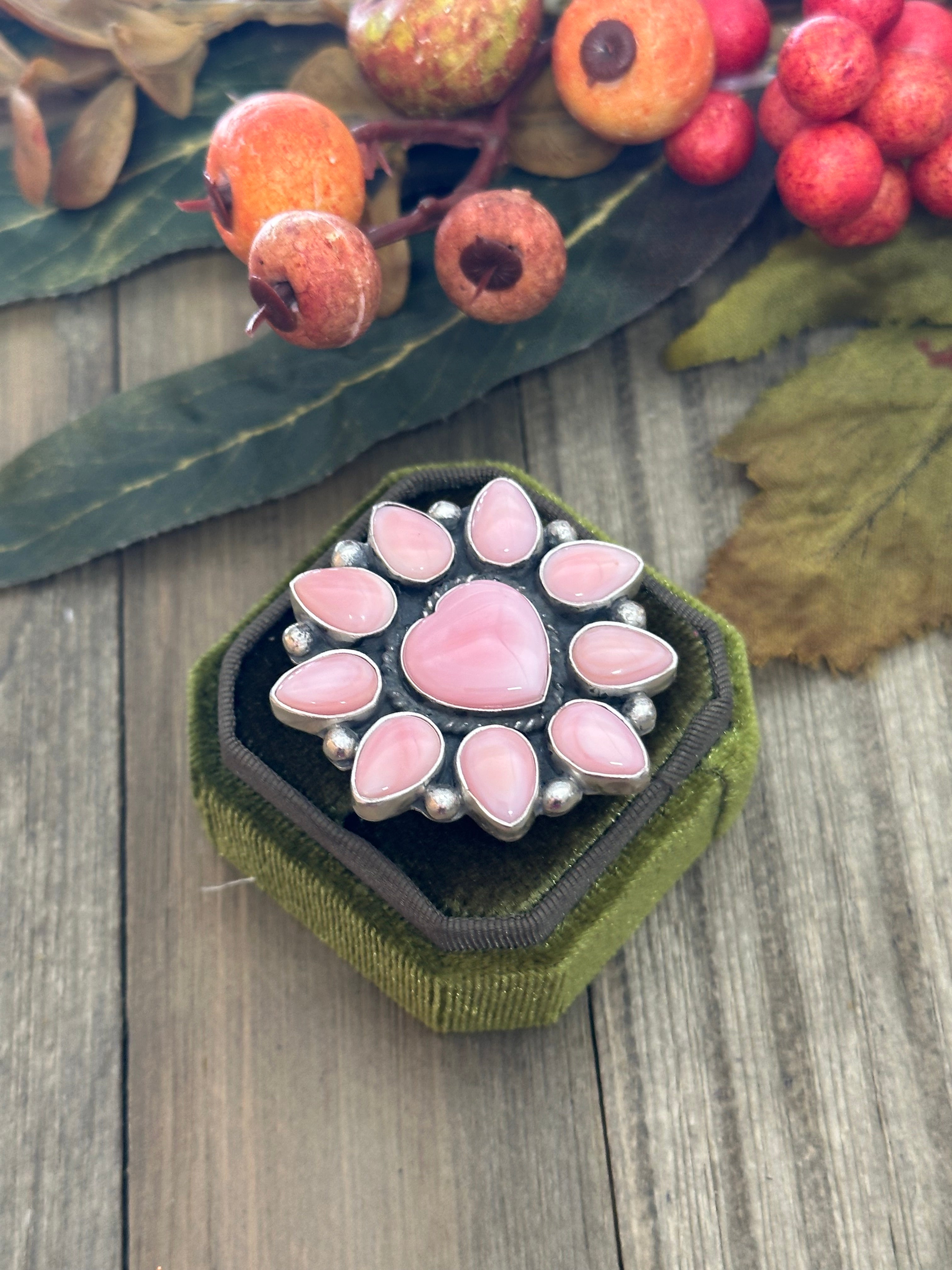 Navajo Made Pink Conch & Sterling Silver Heart Adjustable Ring