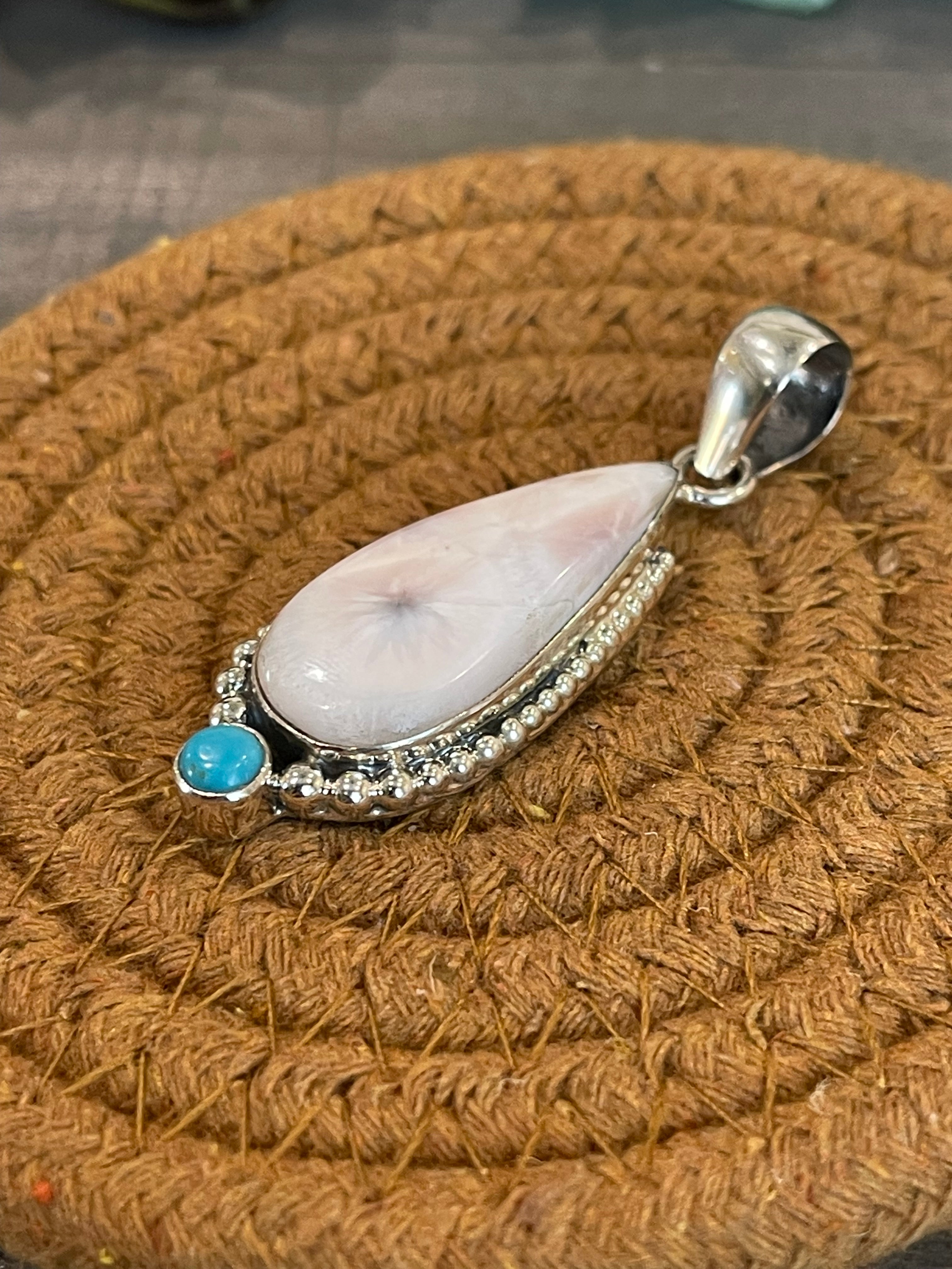 Southwest Handmade Pink Larimar And Kingman Turquoise & Sterling Silver Pendant