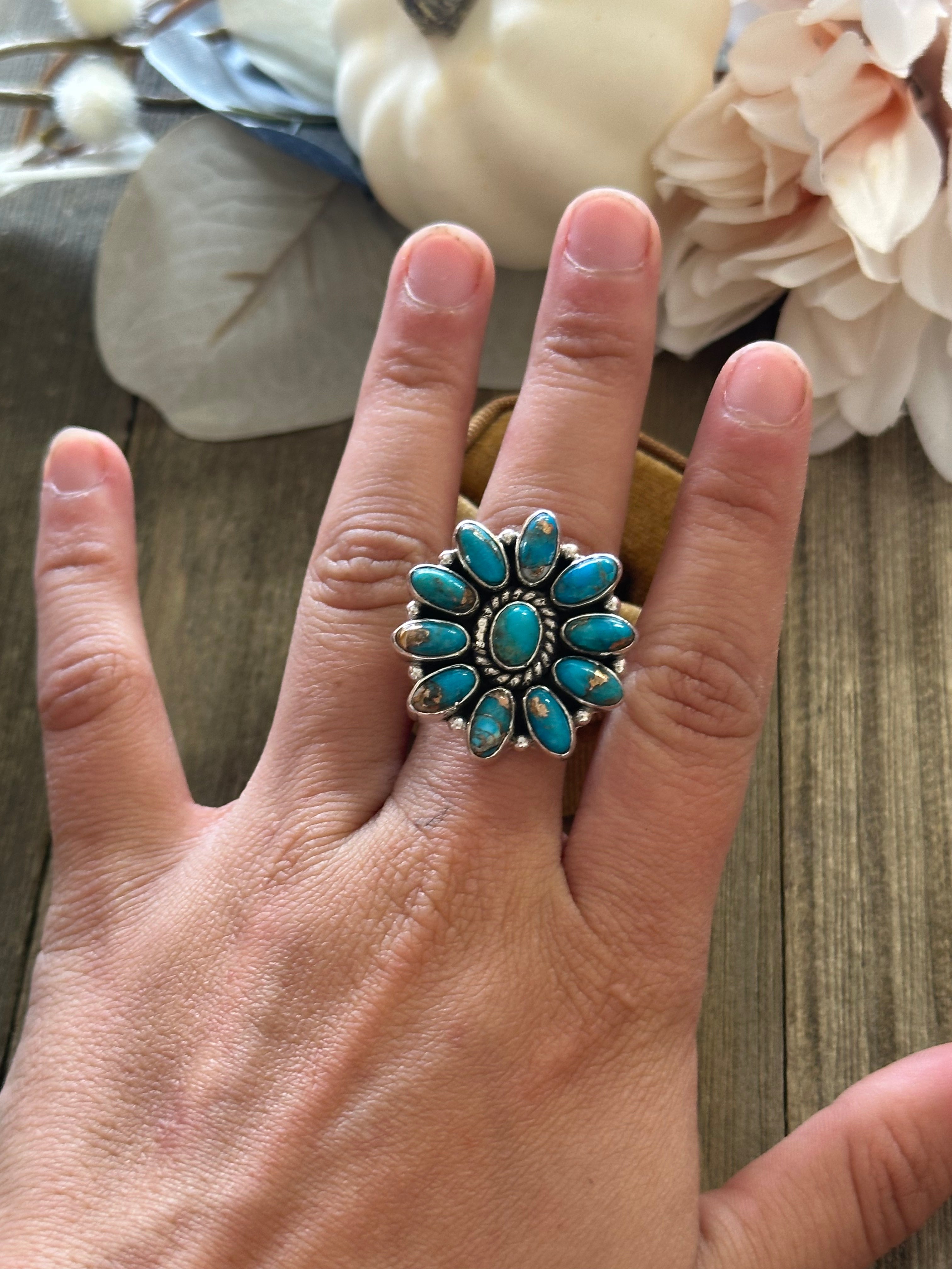 Southwest Handmade Mohave Turquoise & Sterling Silver Adjustable Cluster Ring