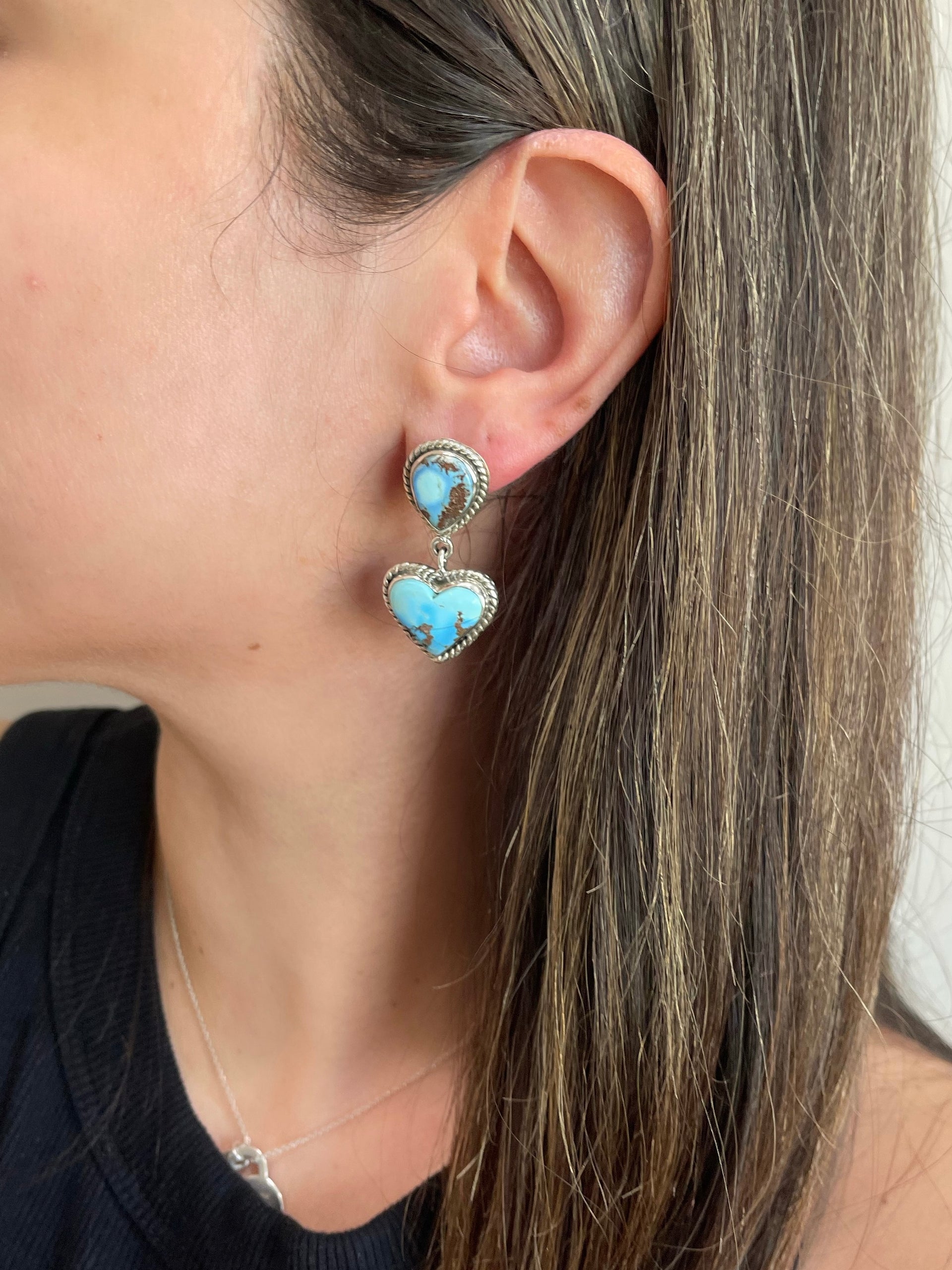 Southwest Handmade Golden Hills Turquoise & Sterling Silver Post Dangle Heart Earrings