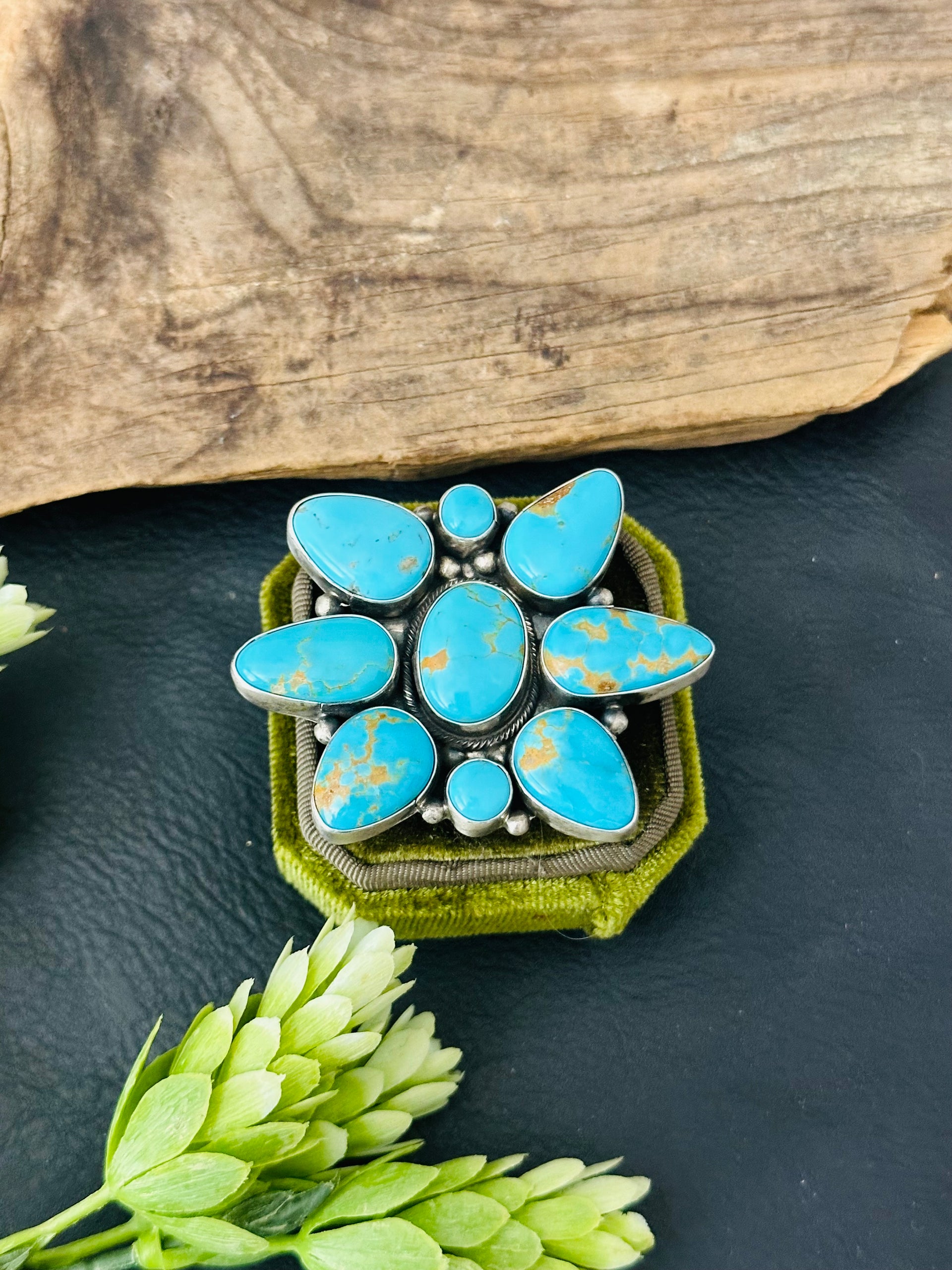 Navajo Made Kingman Turquoise & Sterling Silver Cluster Ring Size 7.5