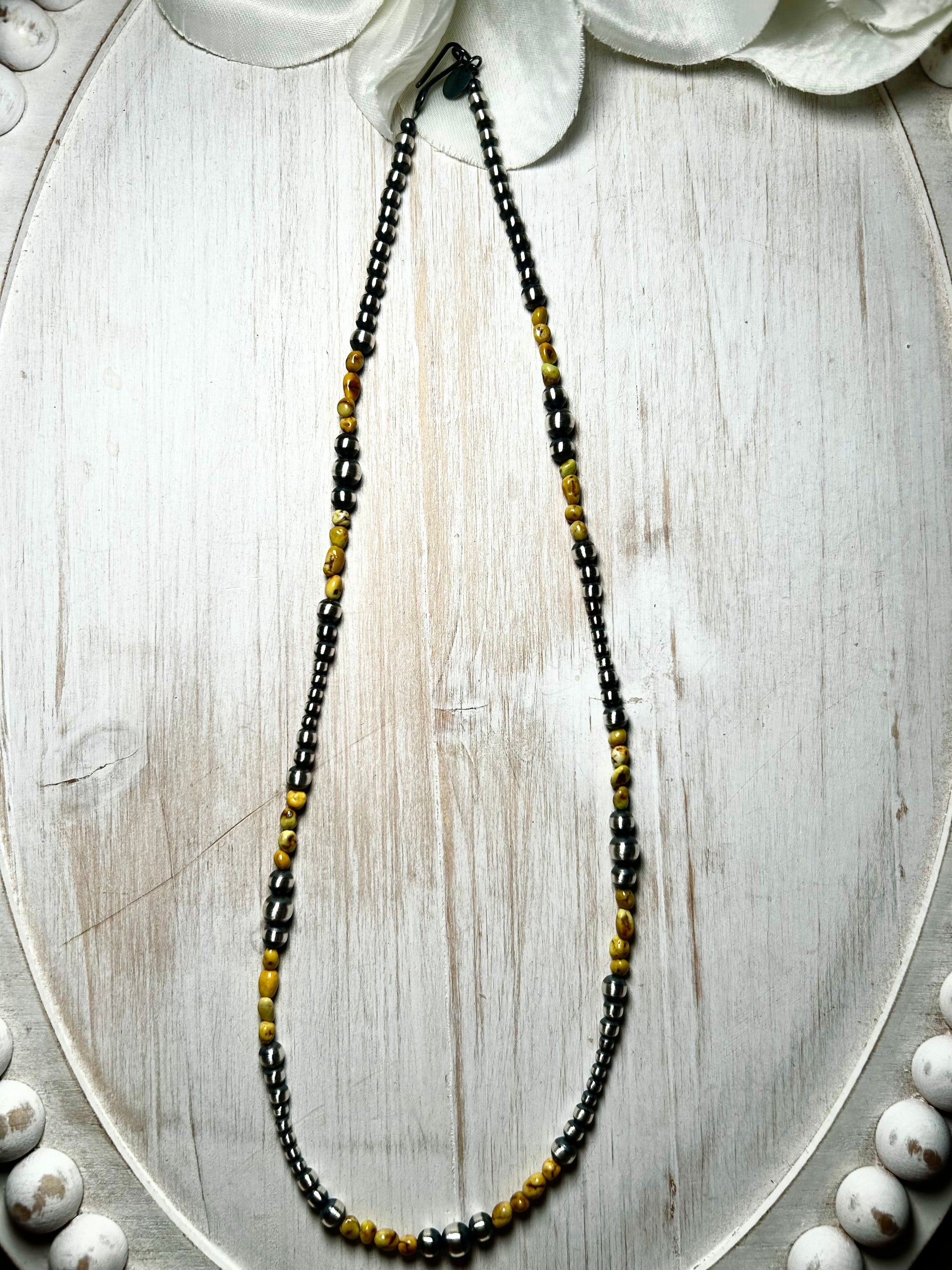 Navajo Strung Palomino Variscite & Sterling Silver Necklace