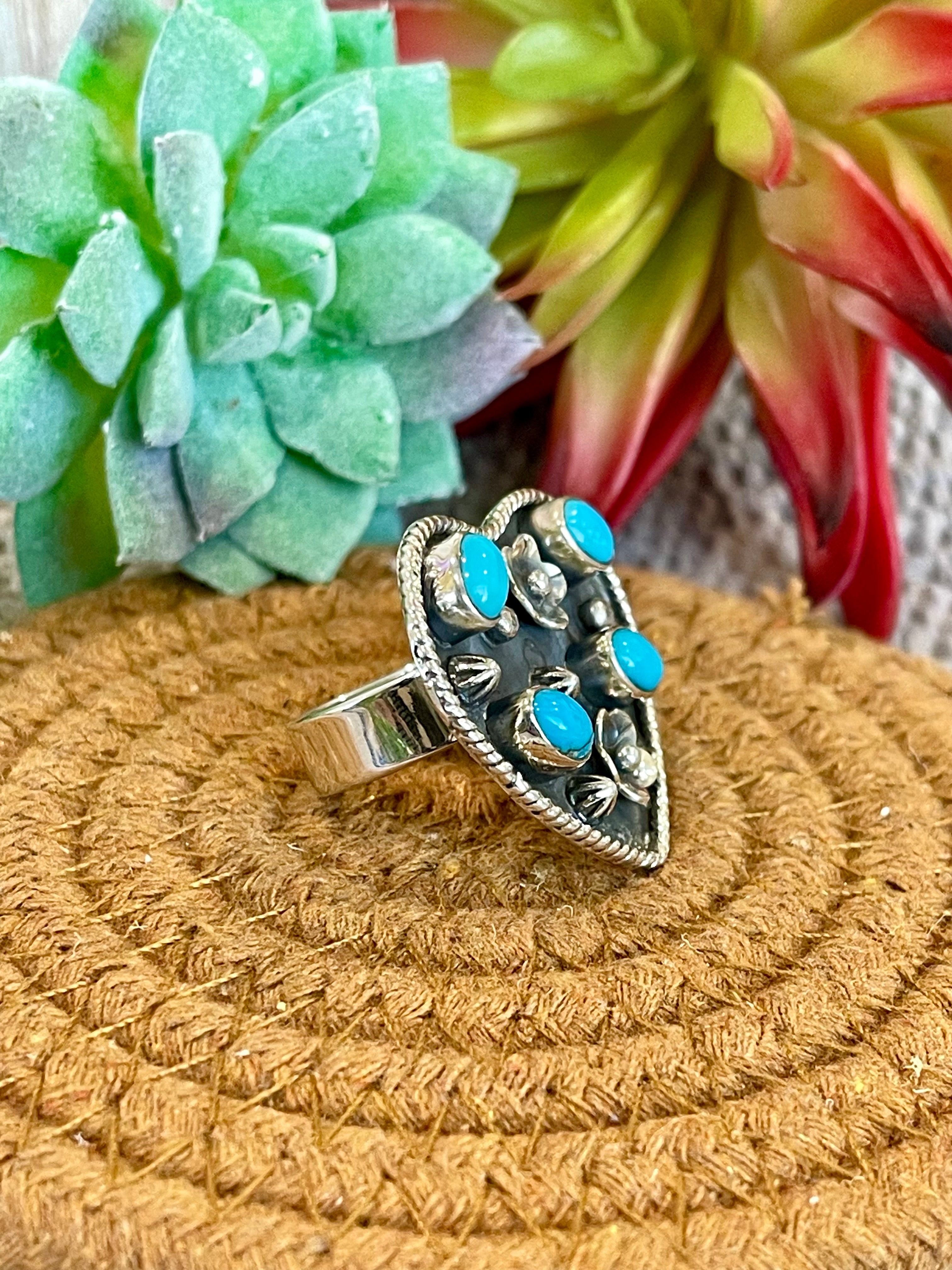 Southwest Handmade Kingman Turquoise & Sterling Silver Adjustable Heart Ring