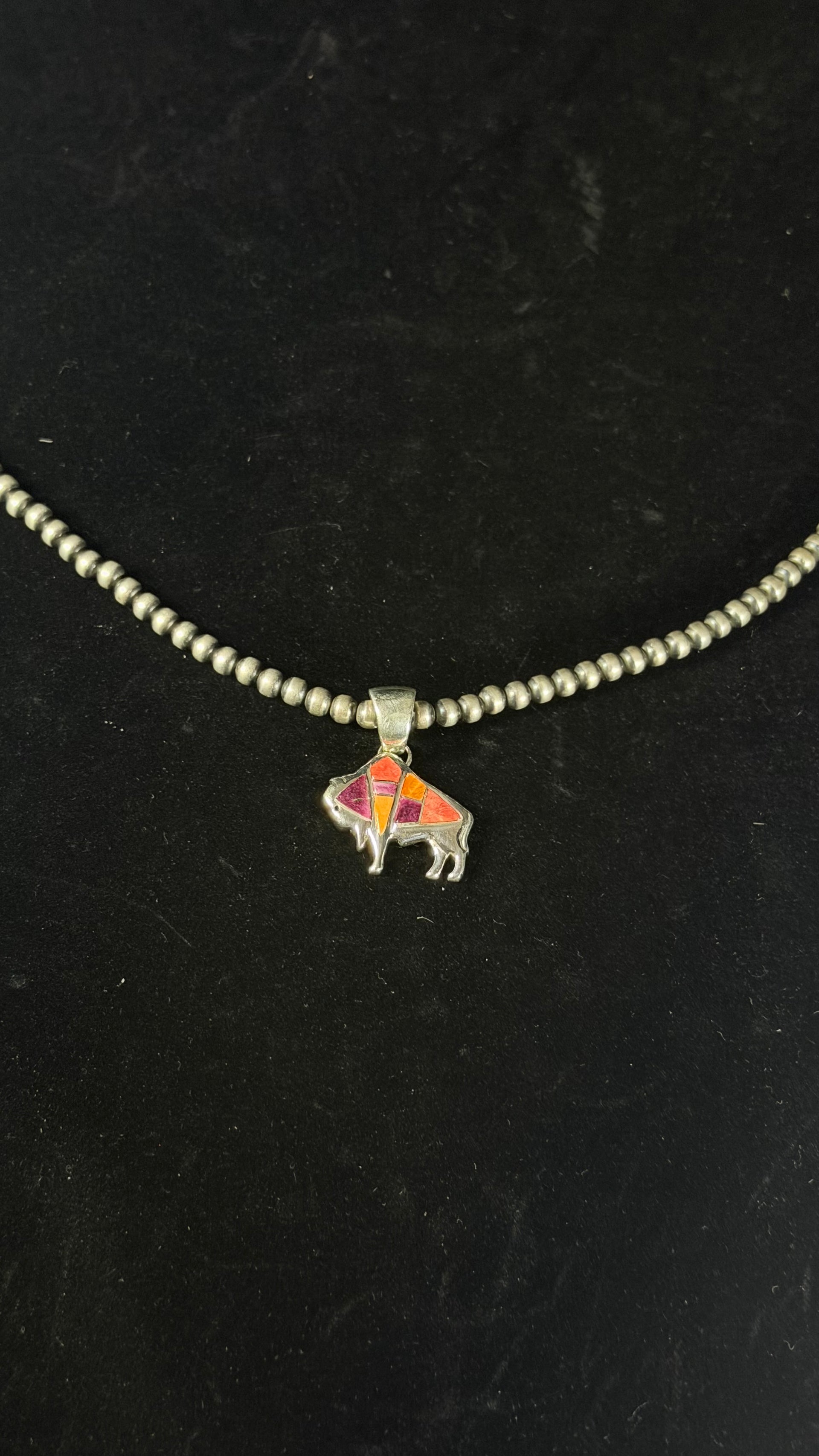 Navajo Made Spiny Oyster & Sterling Silver Buffalo Inlay Pendant