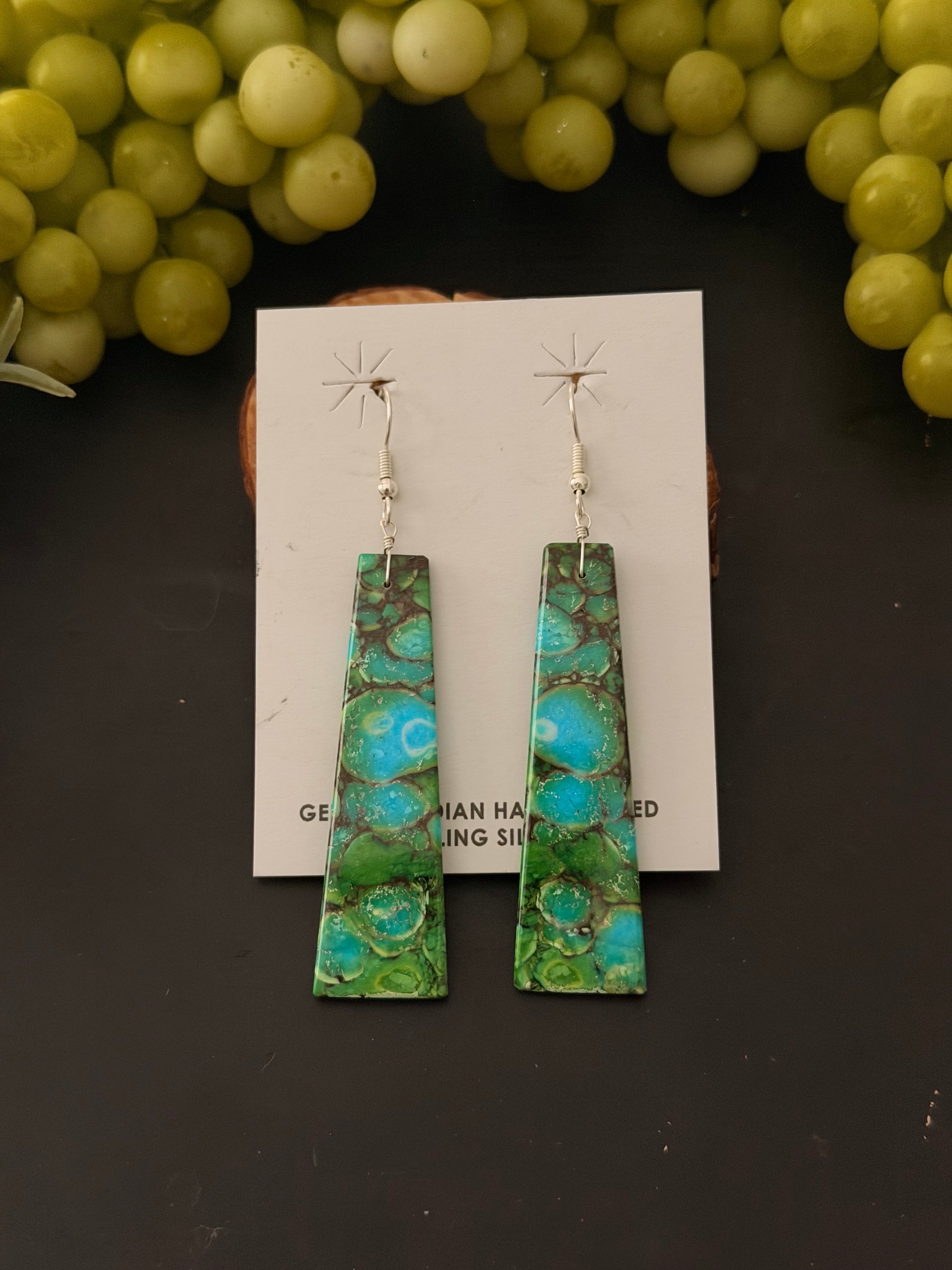 Navajo Made Green Mohave Turquoise & Sterling Silver Slab Dangle Earrings