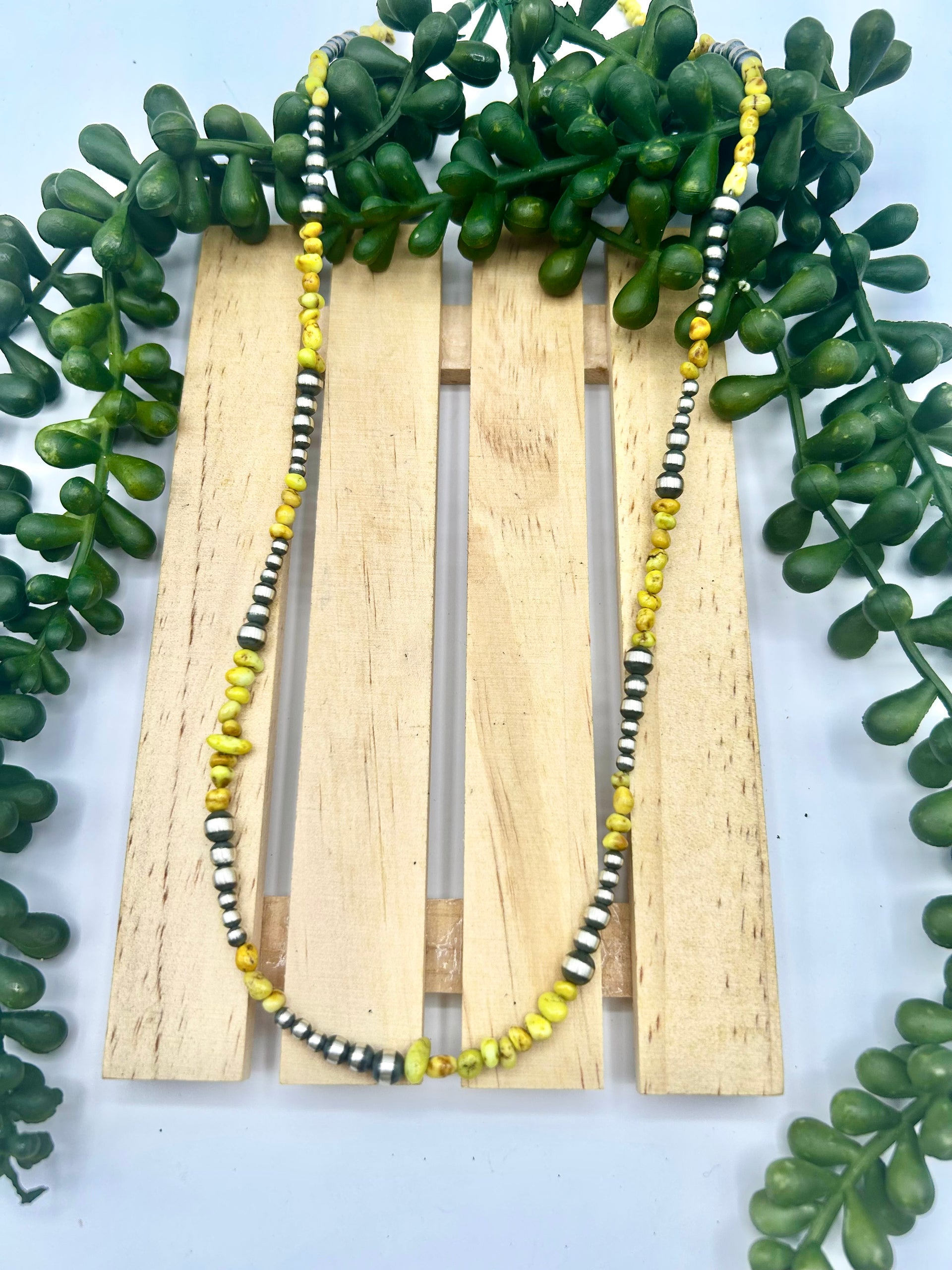 Navajo Made Strung Palomino Variscite & Sterling Silver Necklace