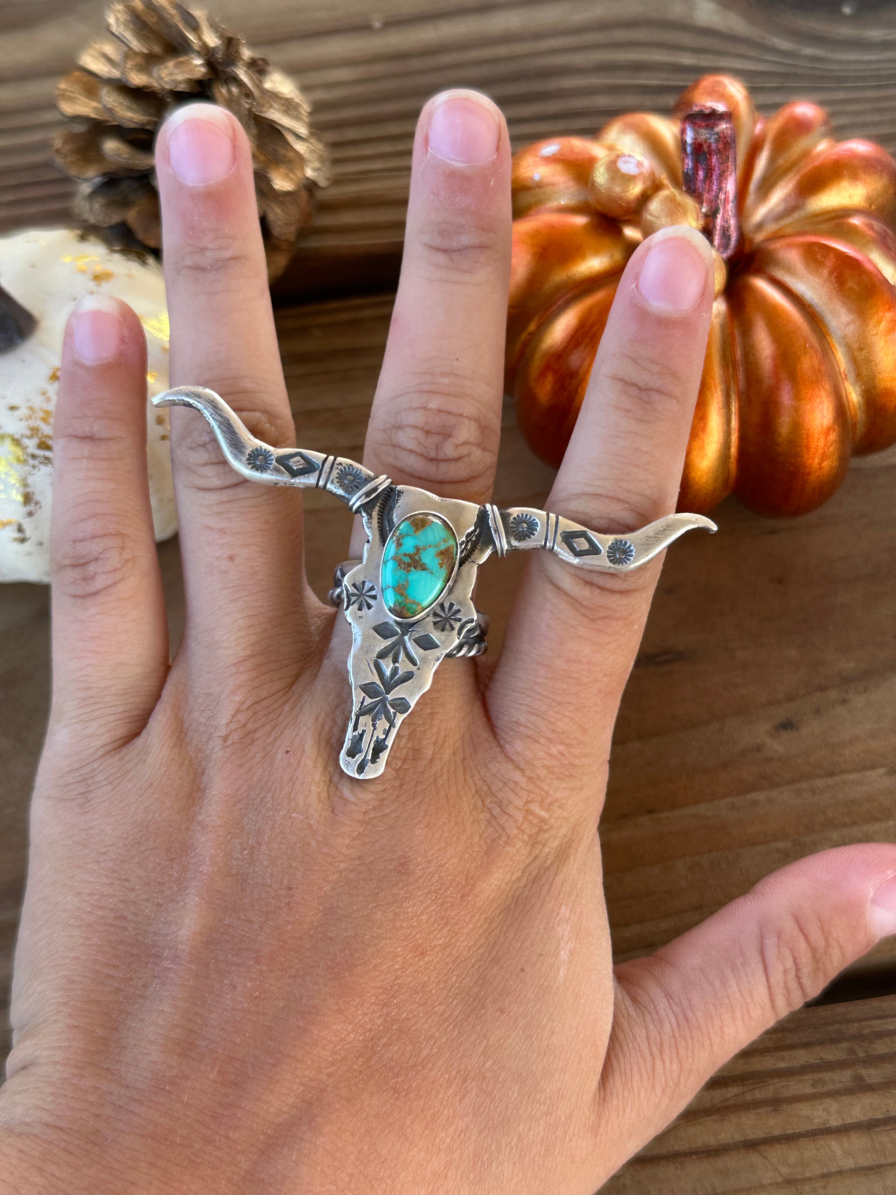 Leroy James Royston Turquoise & Sterling Silver Bull Skull Ring Adjustable Ring