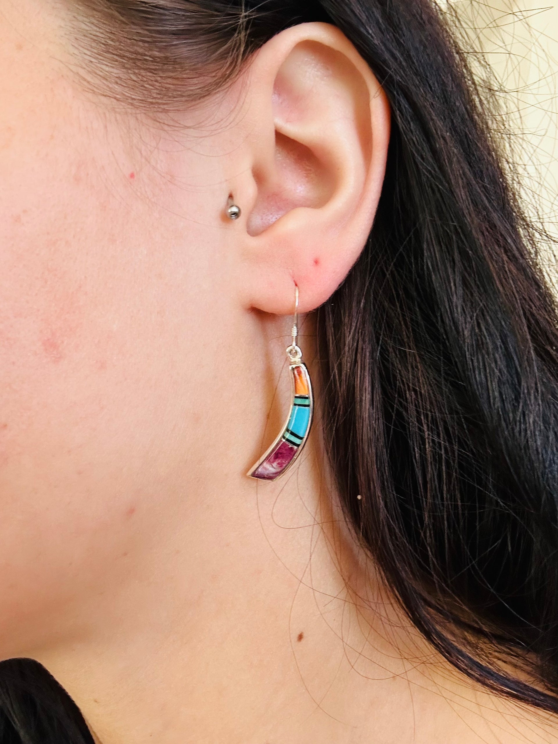 Navajo Made Multi Stone & Sterling Silver Inlay Dangle Earrings