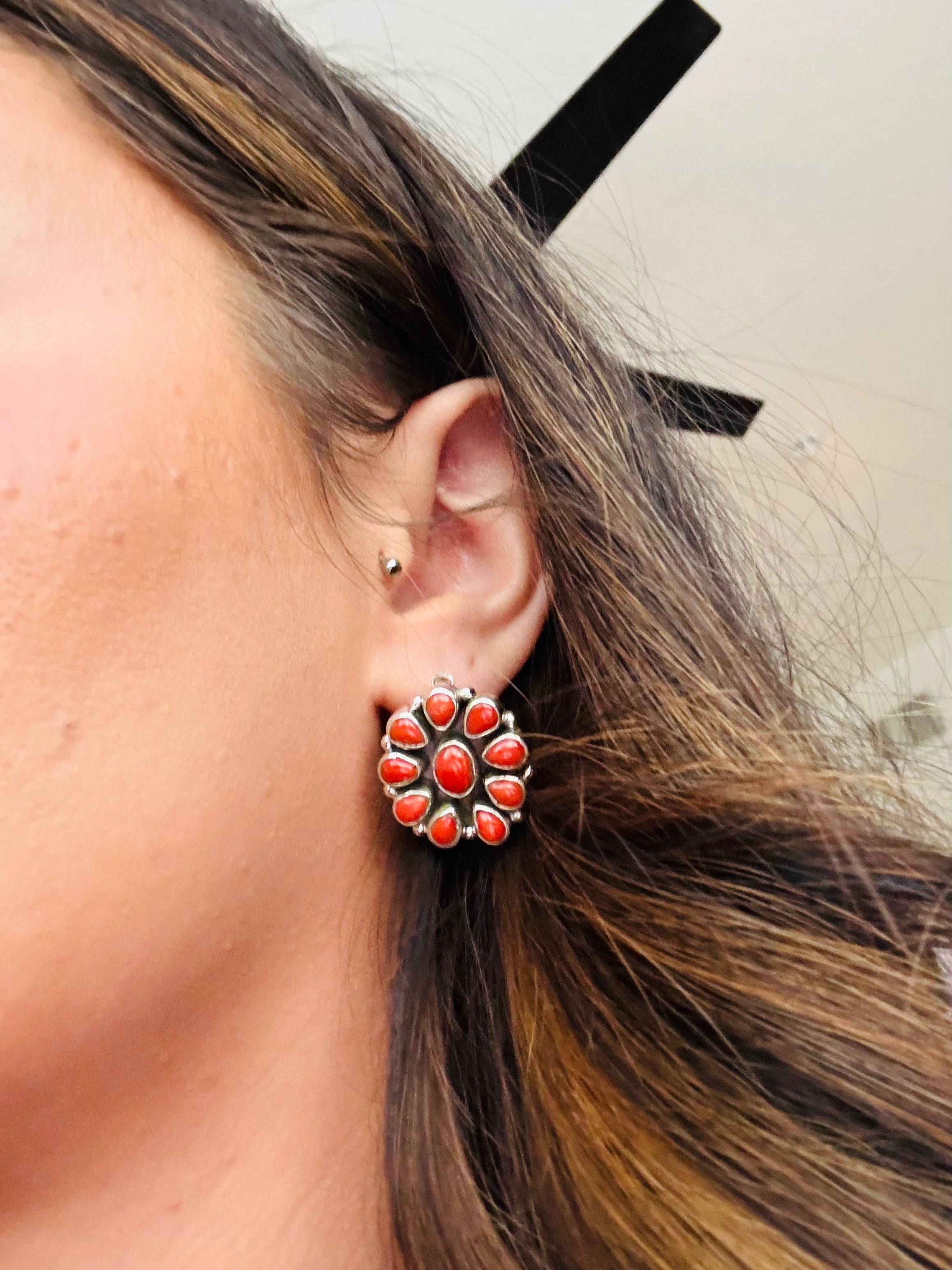 Southwest Handmade Red Coral & Sterling Silver Post Earrings