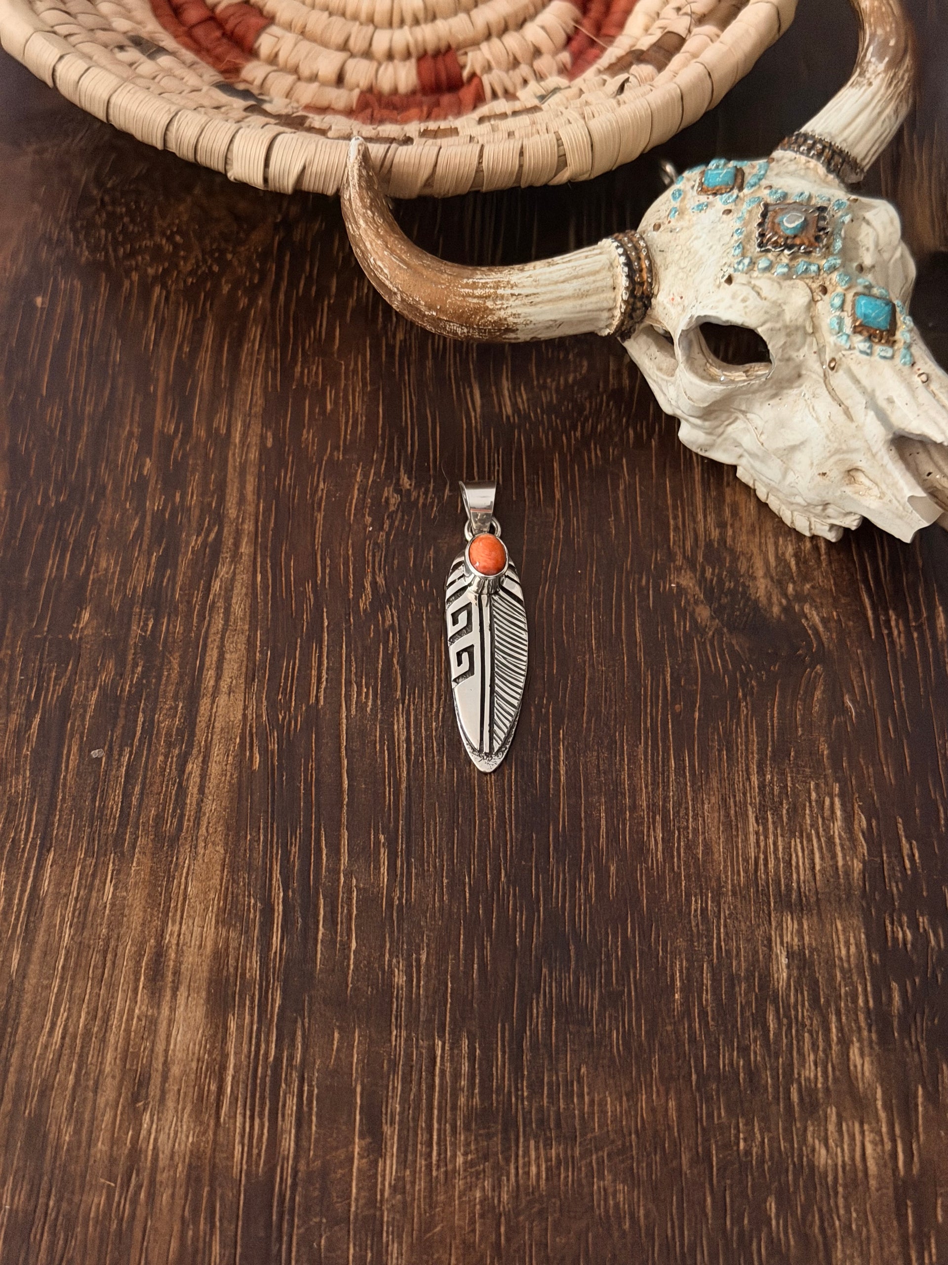 Shirley Henry Spiny Oyster & Sterling Silver Feather Pendant