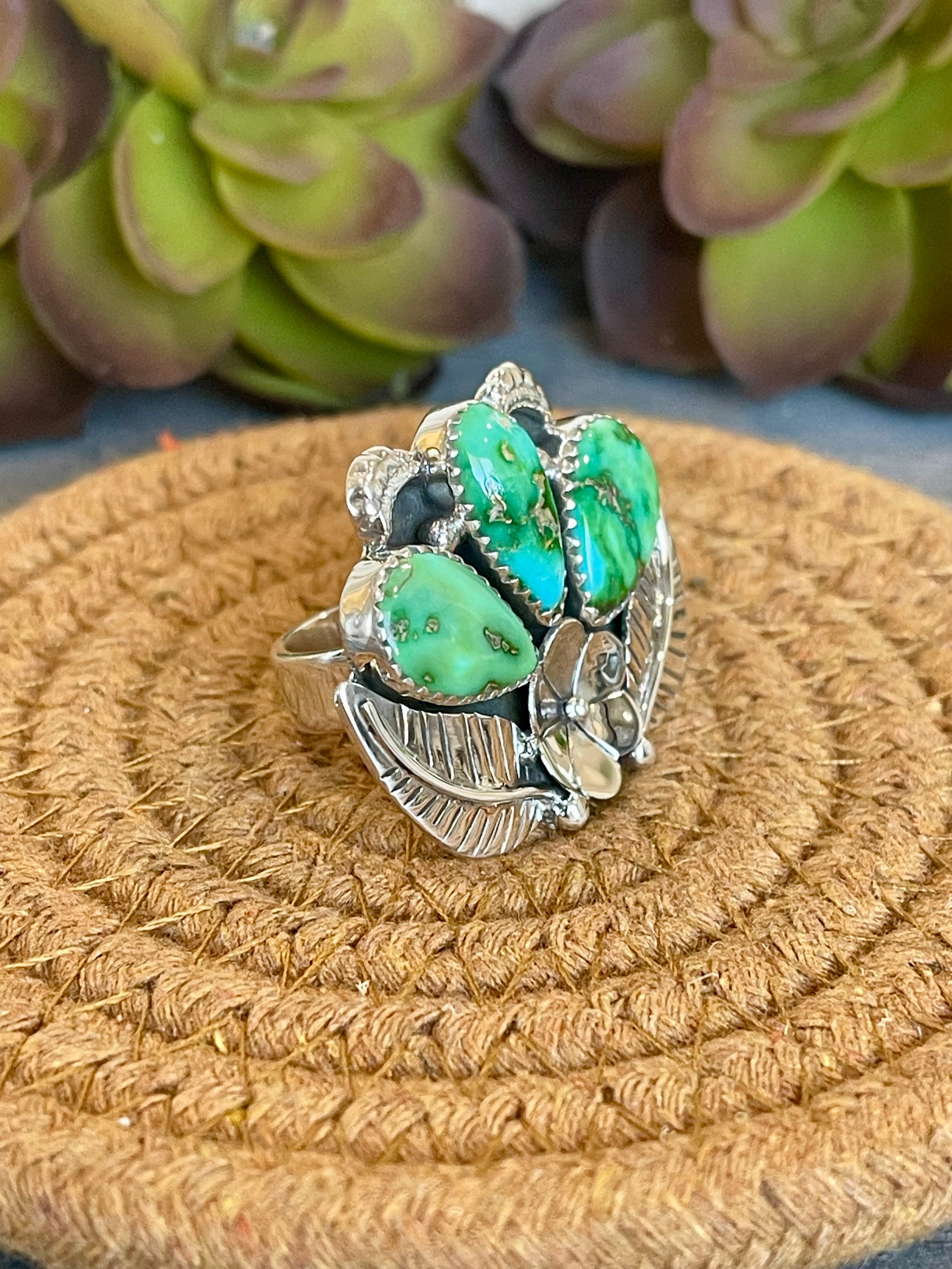 Southwest Handmade Sonoran Mountain Turquoise & Sterling Silver Adjustable Flower Ring