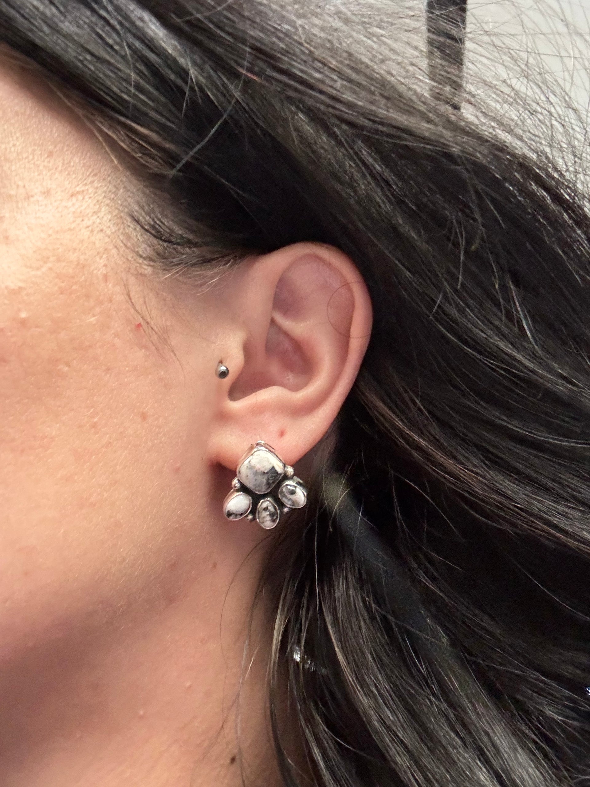 Southwest Handmade White Buffalo & Sterling Silver Post Cluster Earrings