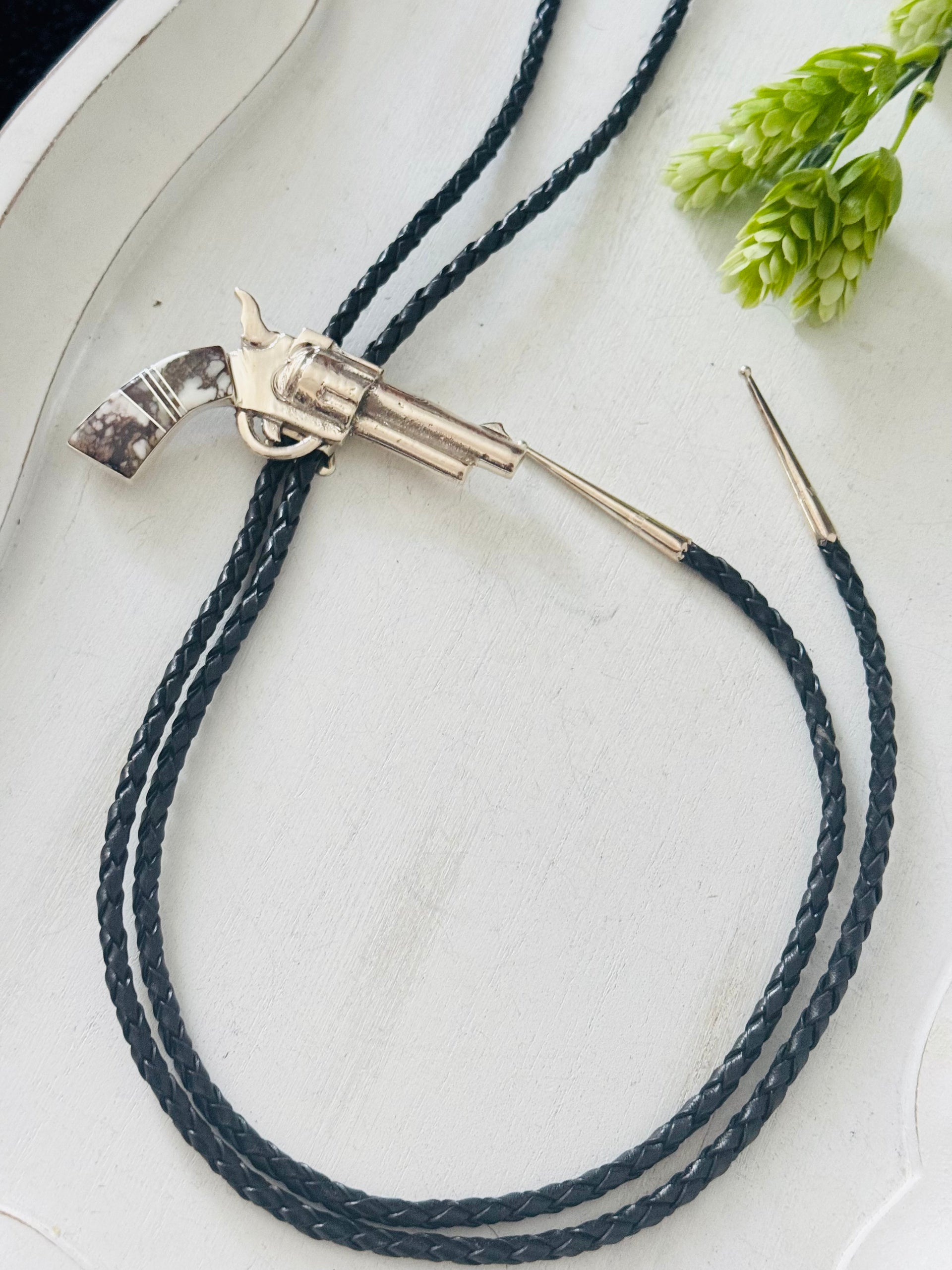 Bobby Mannelito Wild Horse & Sterling Silver Pistol Inlay Bolo Tie