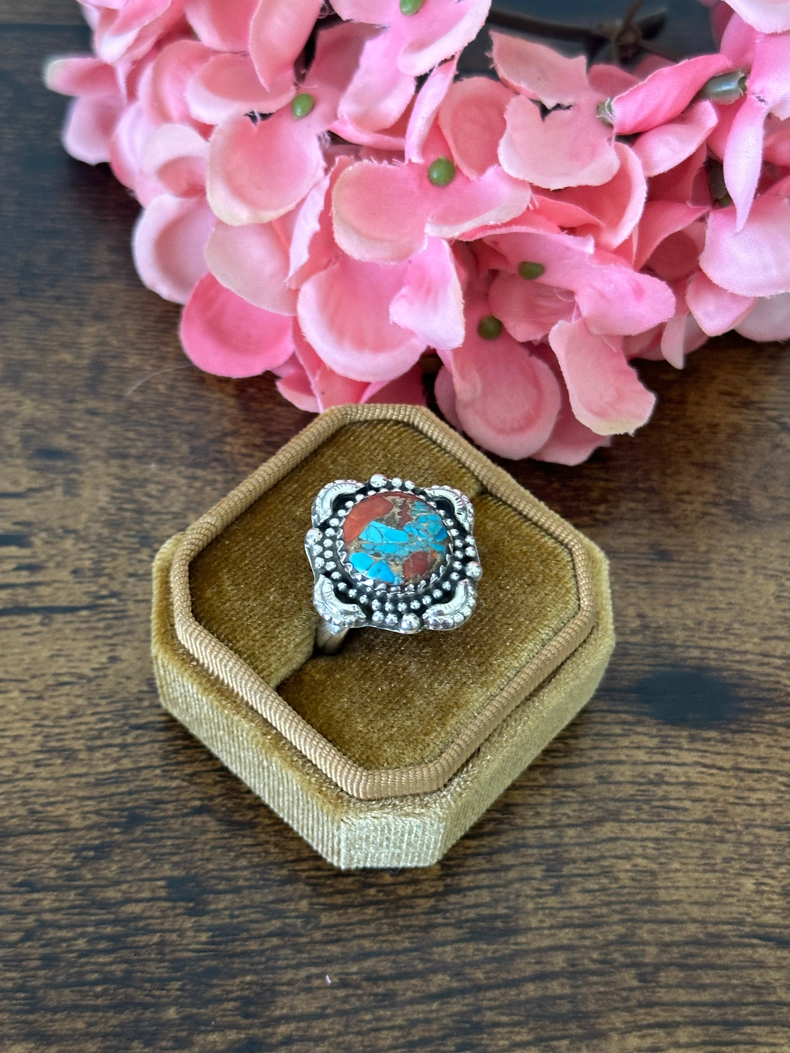 Southwest Handmade Red Mohave Turquoise & Sterling Silver Ring Size 7.5