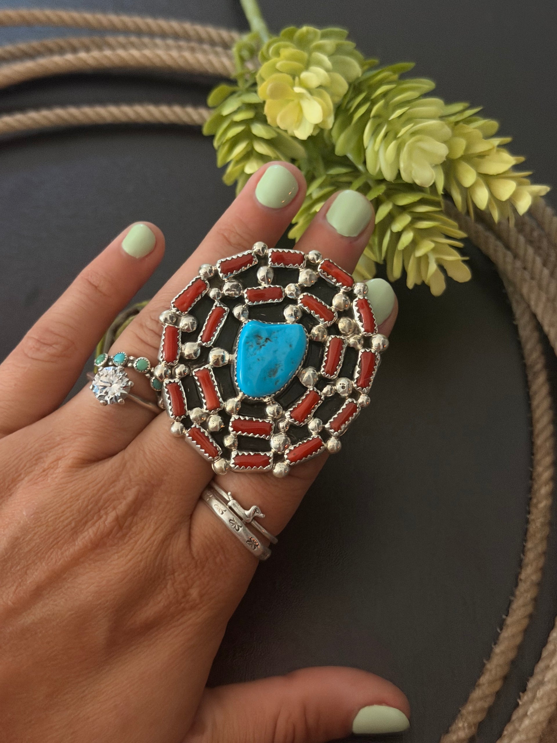 Navajo Made Multi Stone & Sterling Silver Cluster Adjustable Ring