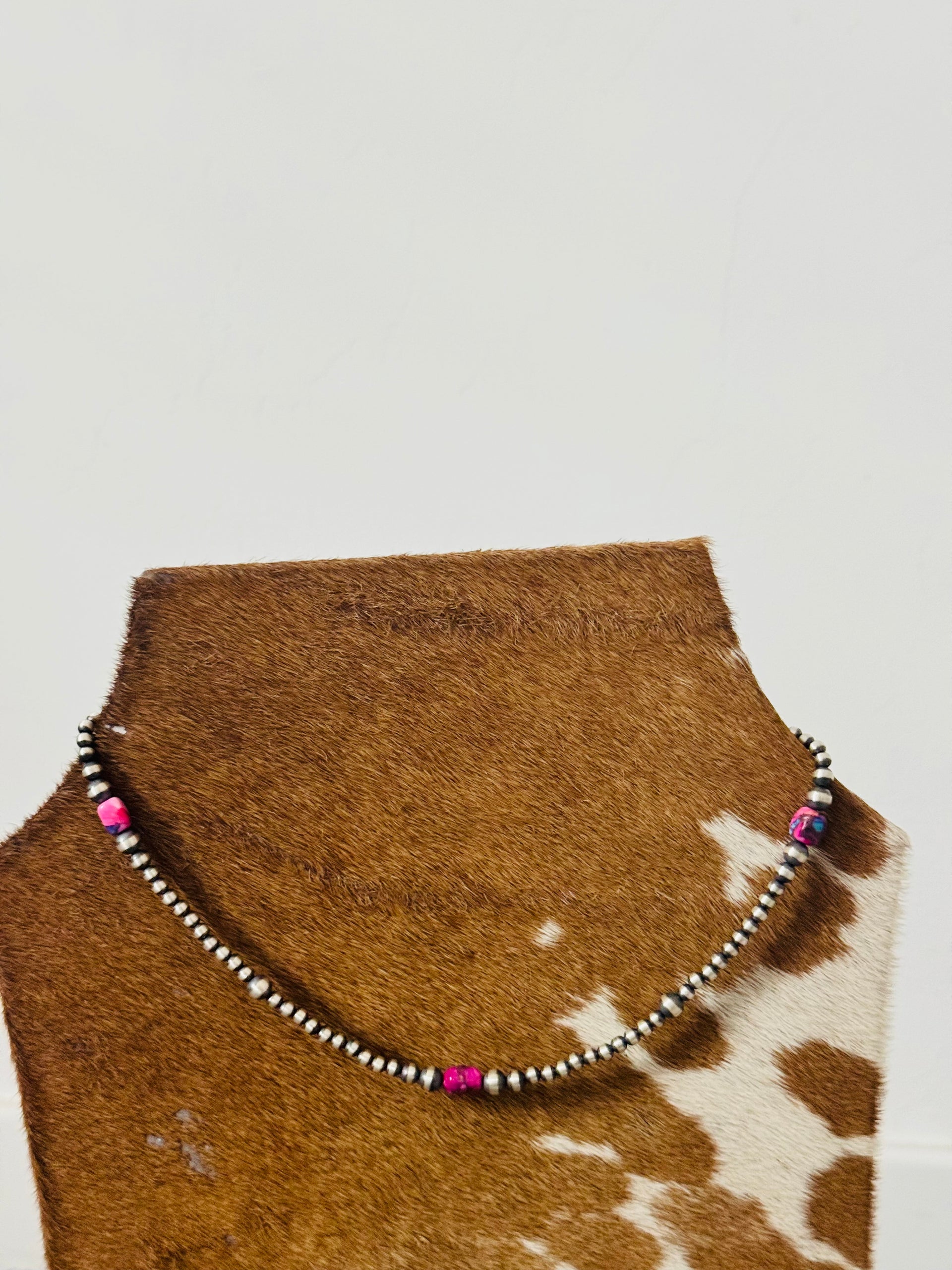 Navajo Strung Pink Mohave Turquoise & Sterling Silver Graduated Pearl Necklace