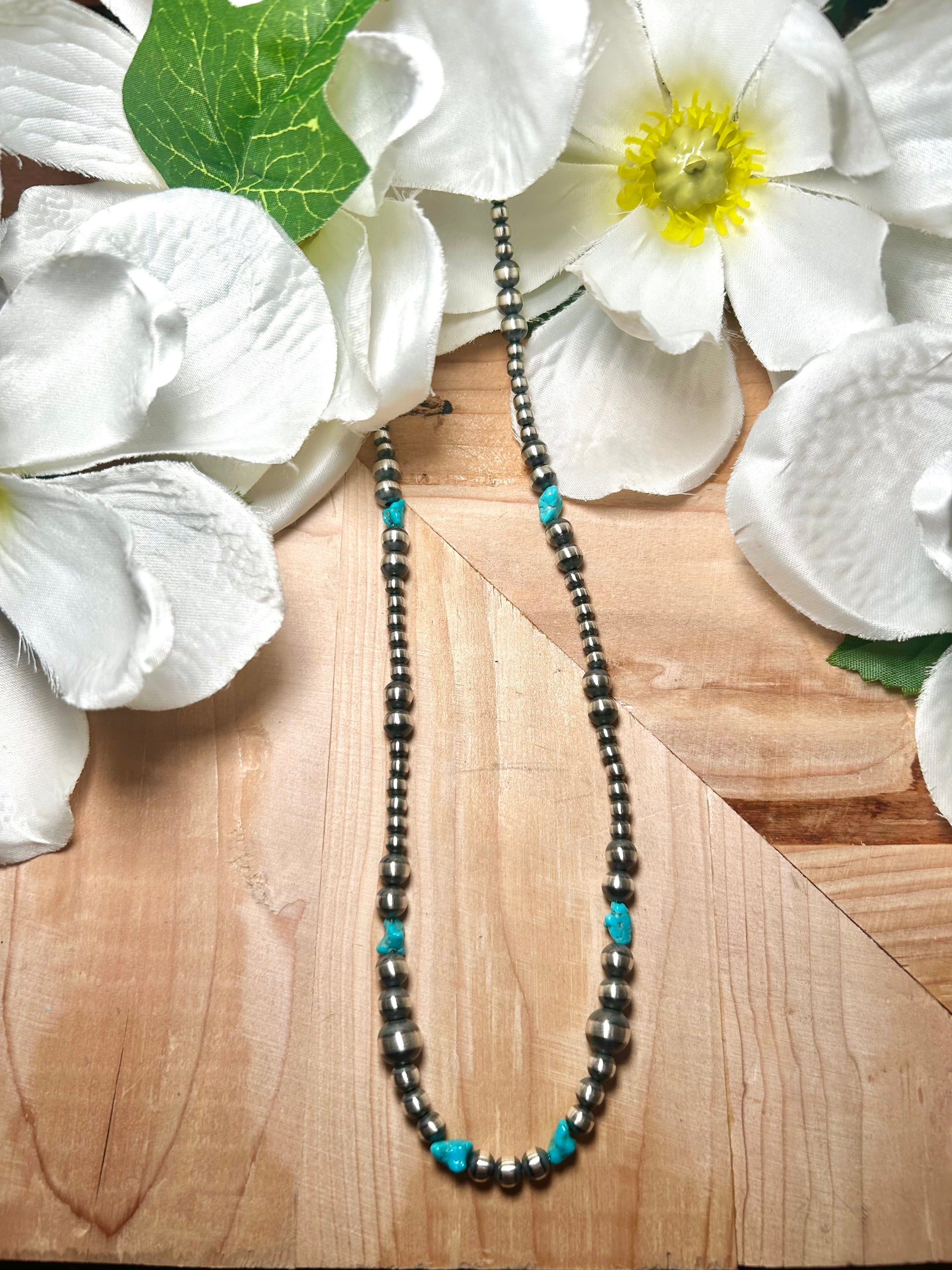 Navajo Made Strung Kingman Turquoise & Sterling Silver Necklace