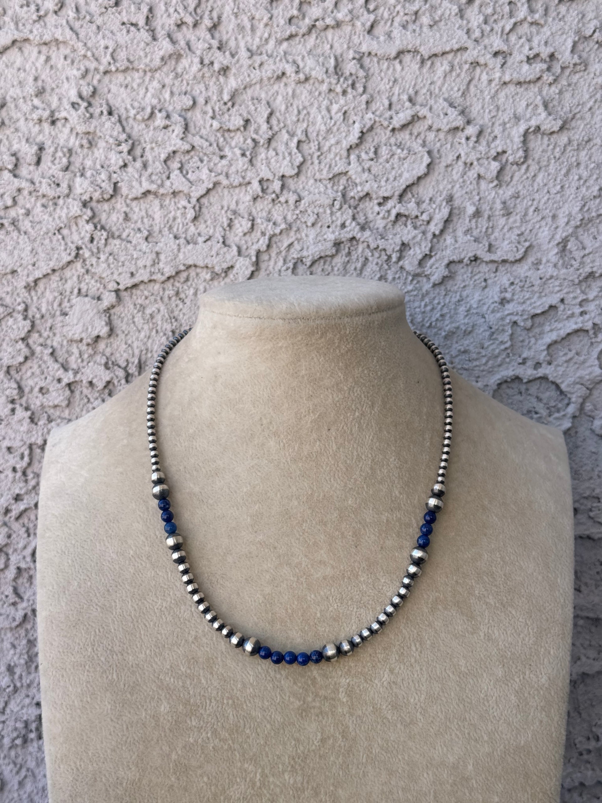 Navajo Strung Lapis & Sterling Silver Graduated Pearl Necklace