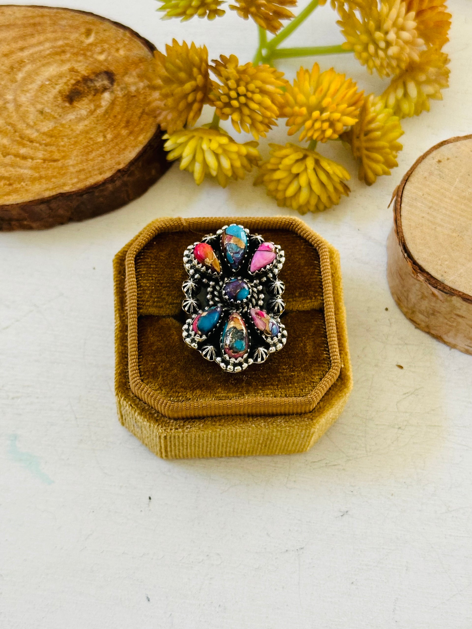 TTD “Sky Cascade” Mohave Turquoise & Sterling Silver Adjustable Cluster Ring
