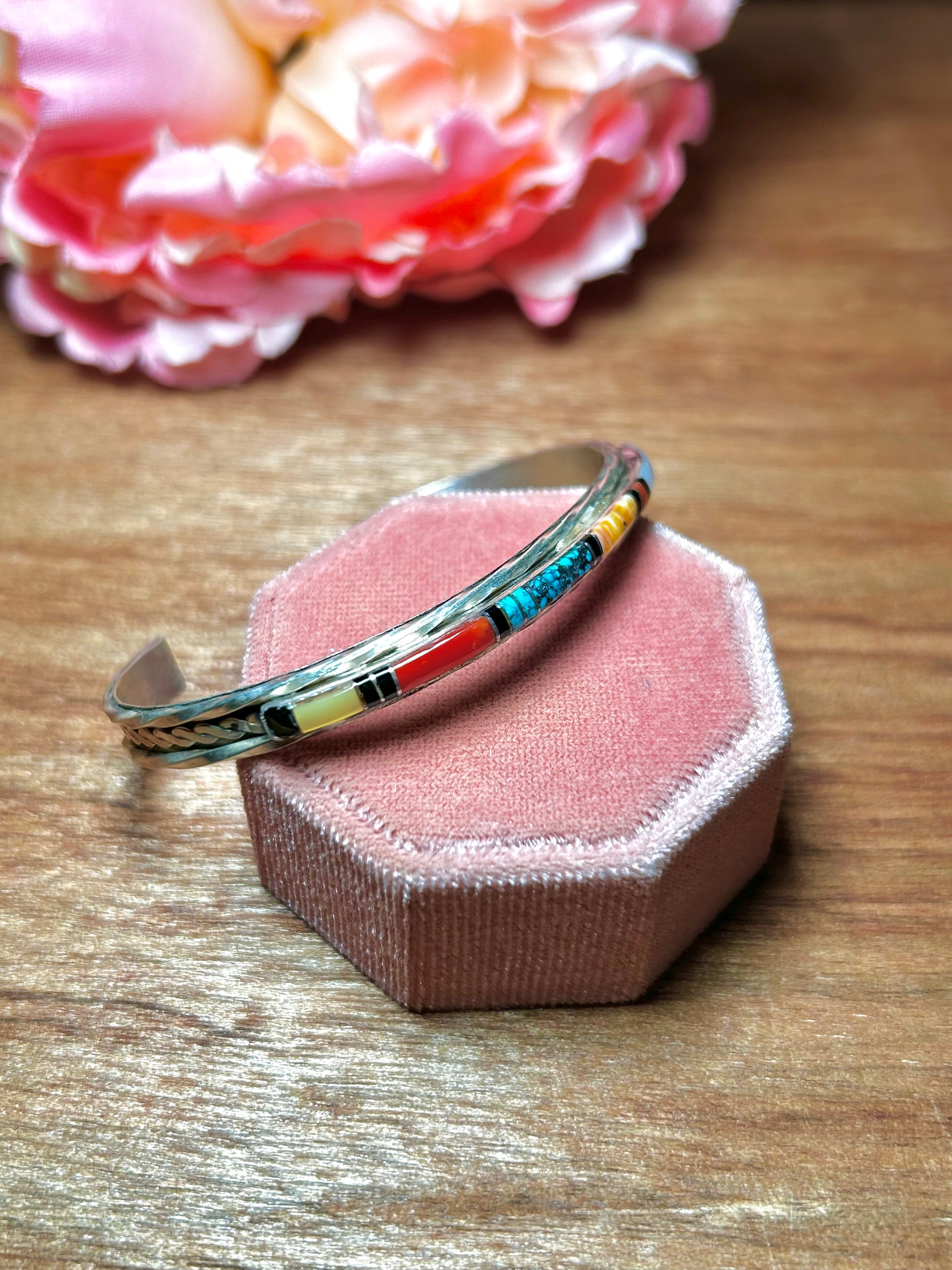 Vintage Zuni Multi Stone & Sterling Silver Cuff Bracelet