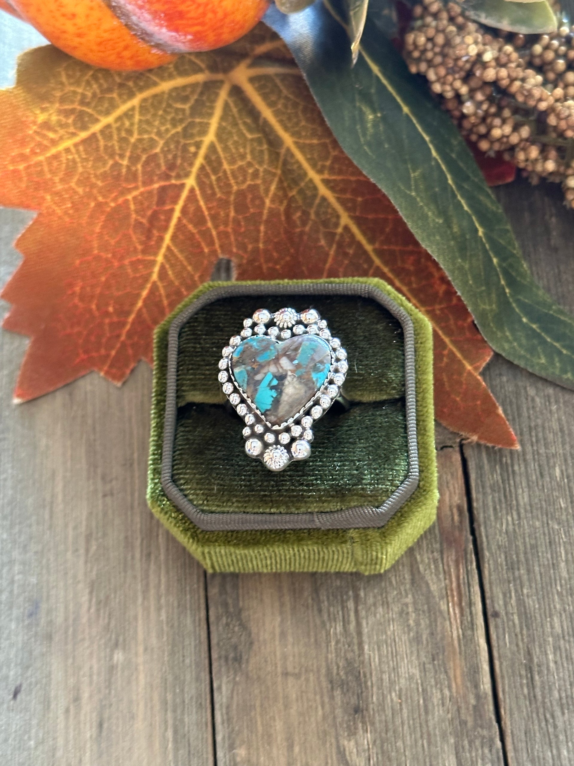 Southwest Handmade Mohave Turquoise & Sterling Silver Heart Ring Size 8.75