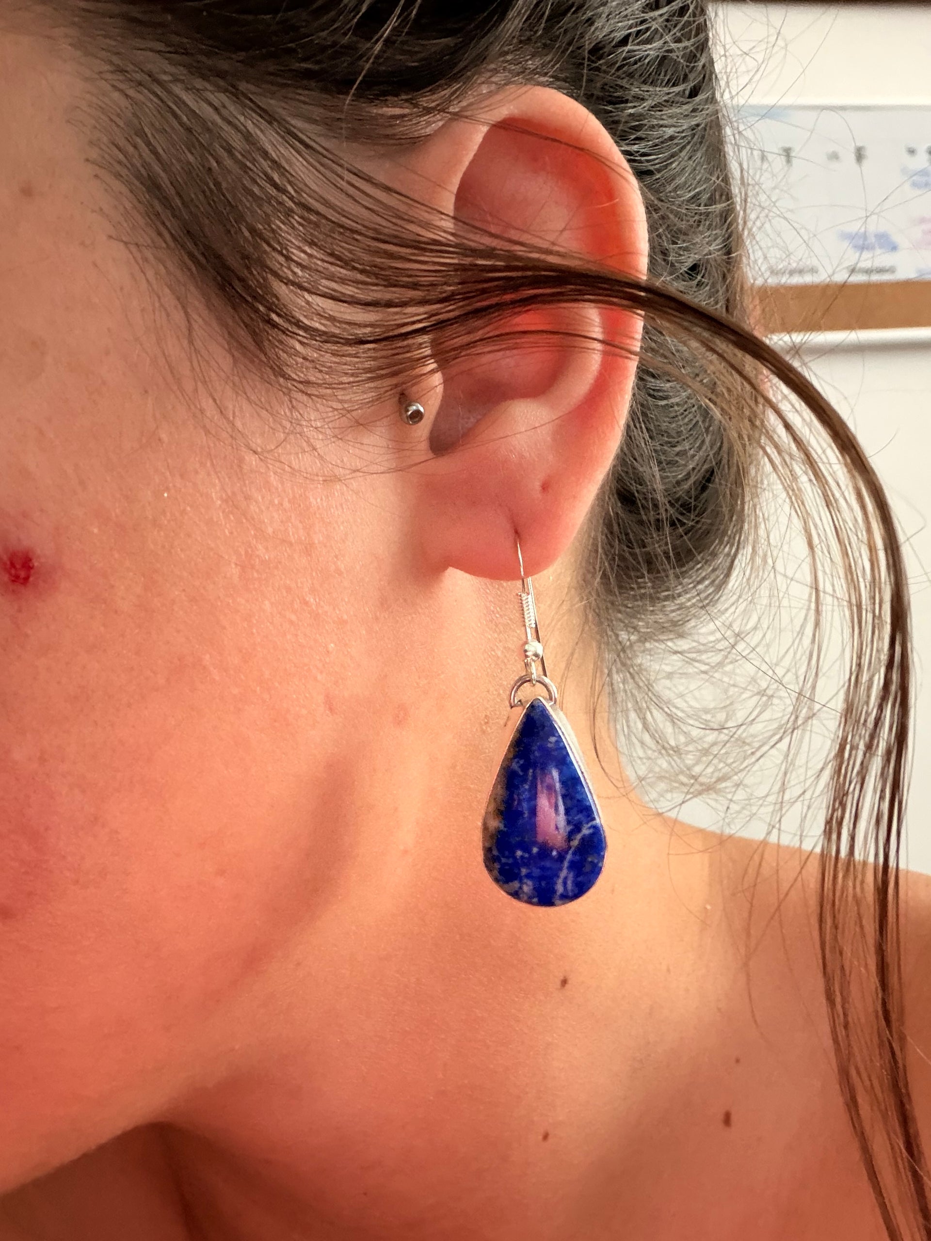Navajo Made Denim Lapis & Sterling Silver Dangle Earrings