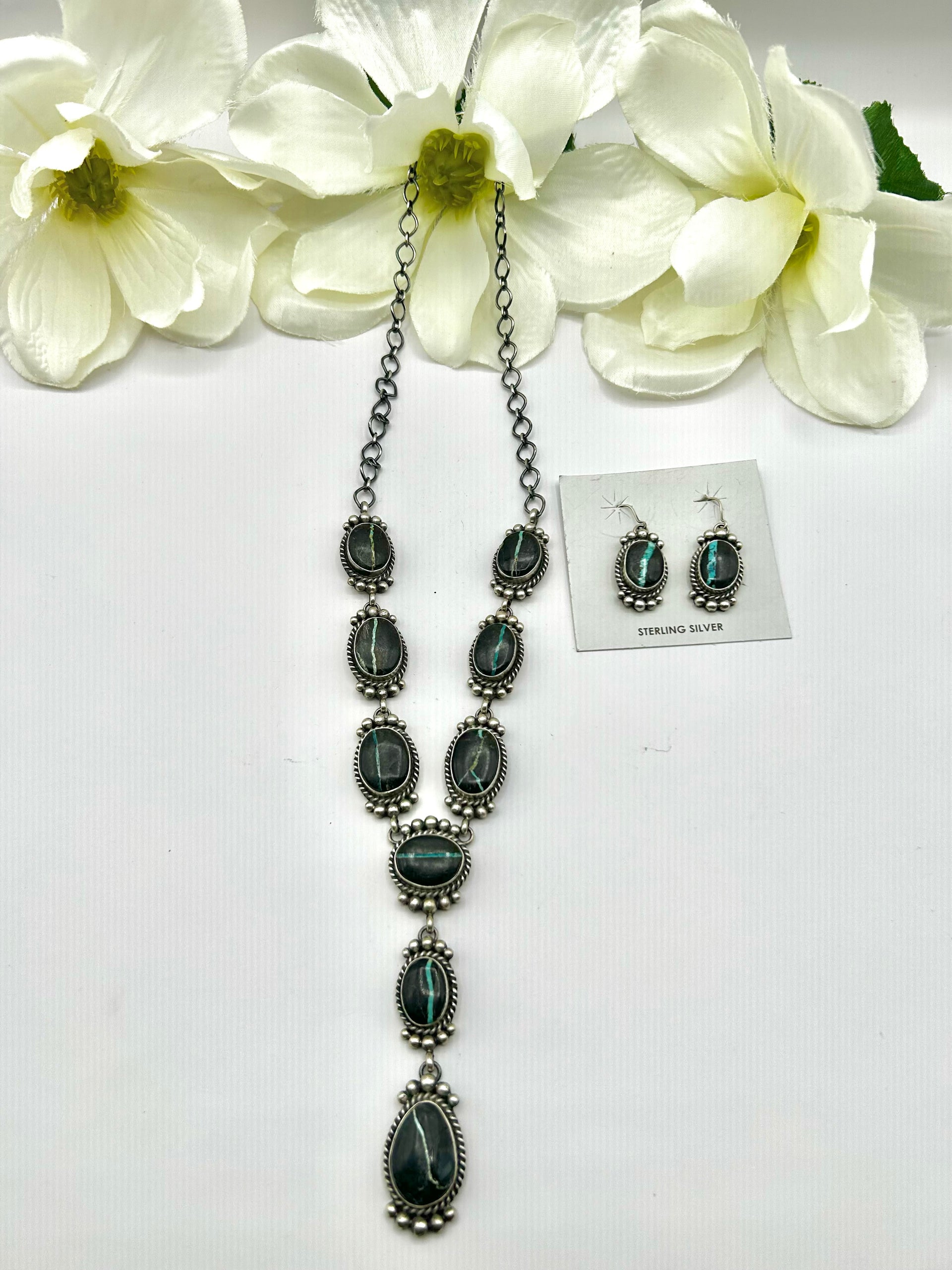 Mary Ann Spencer Black Turquoise & Sterling Silver Necklace Set