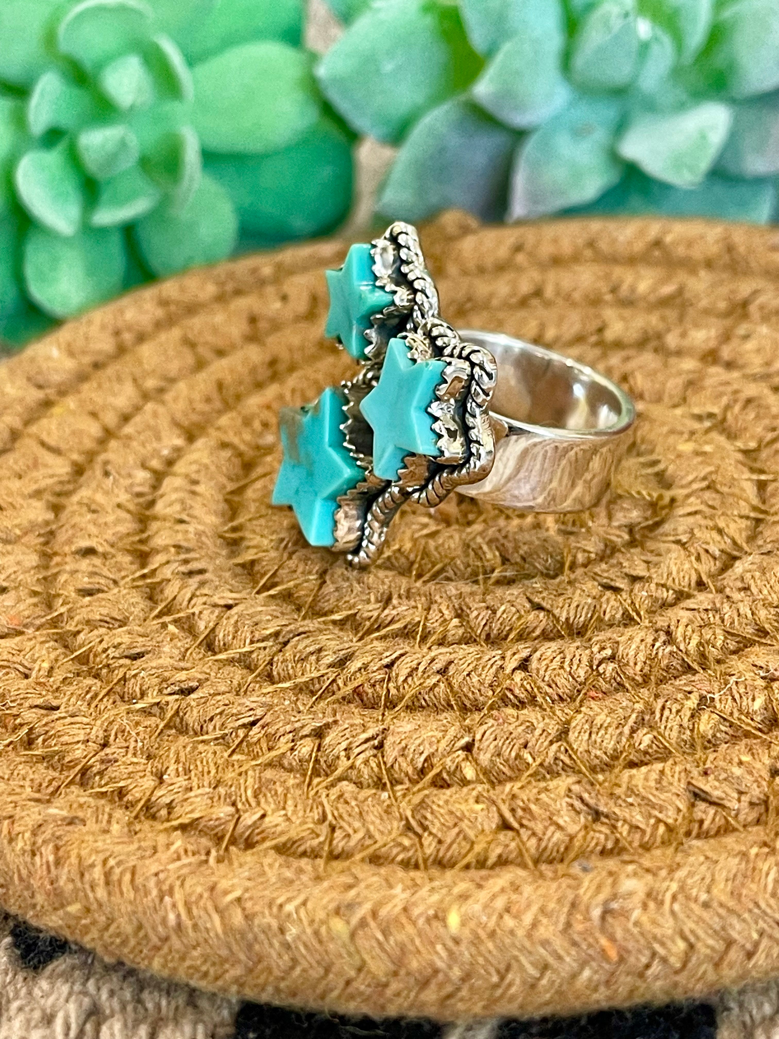 Southwest Handmade Kingman Turquoise & Sterling Silver Adjustable Star Ring