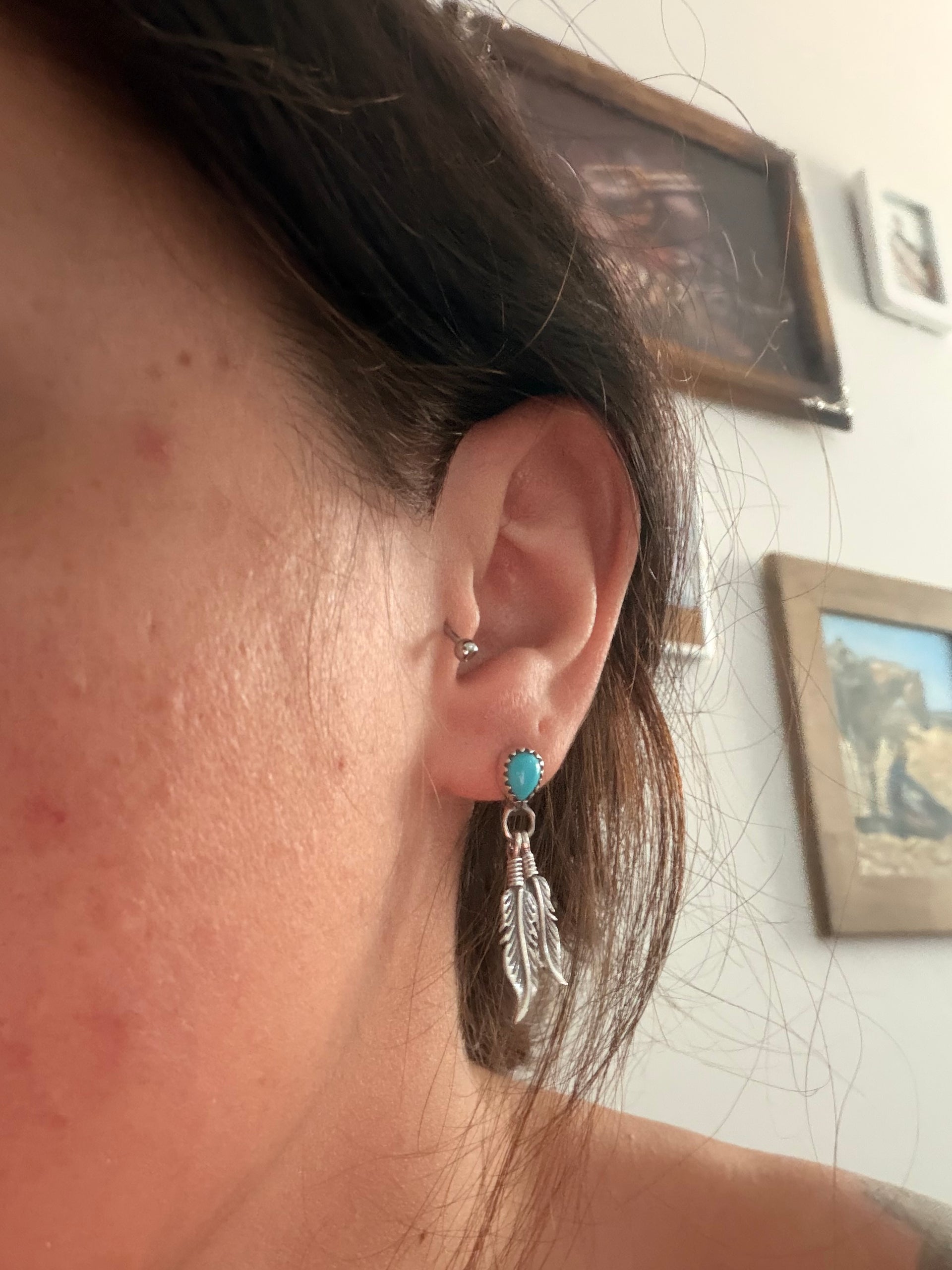 Adelarae Yazzie Kingman Turquoise & Sterling Silver Post Dangle Feather Earrings