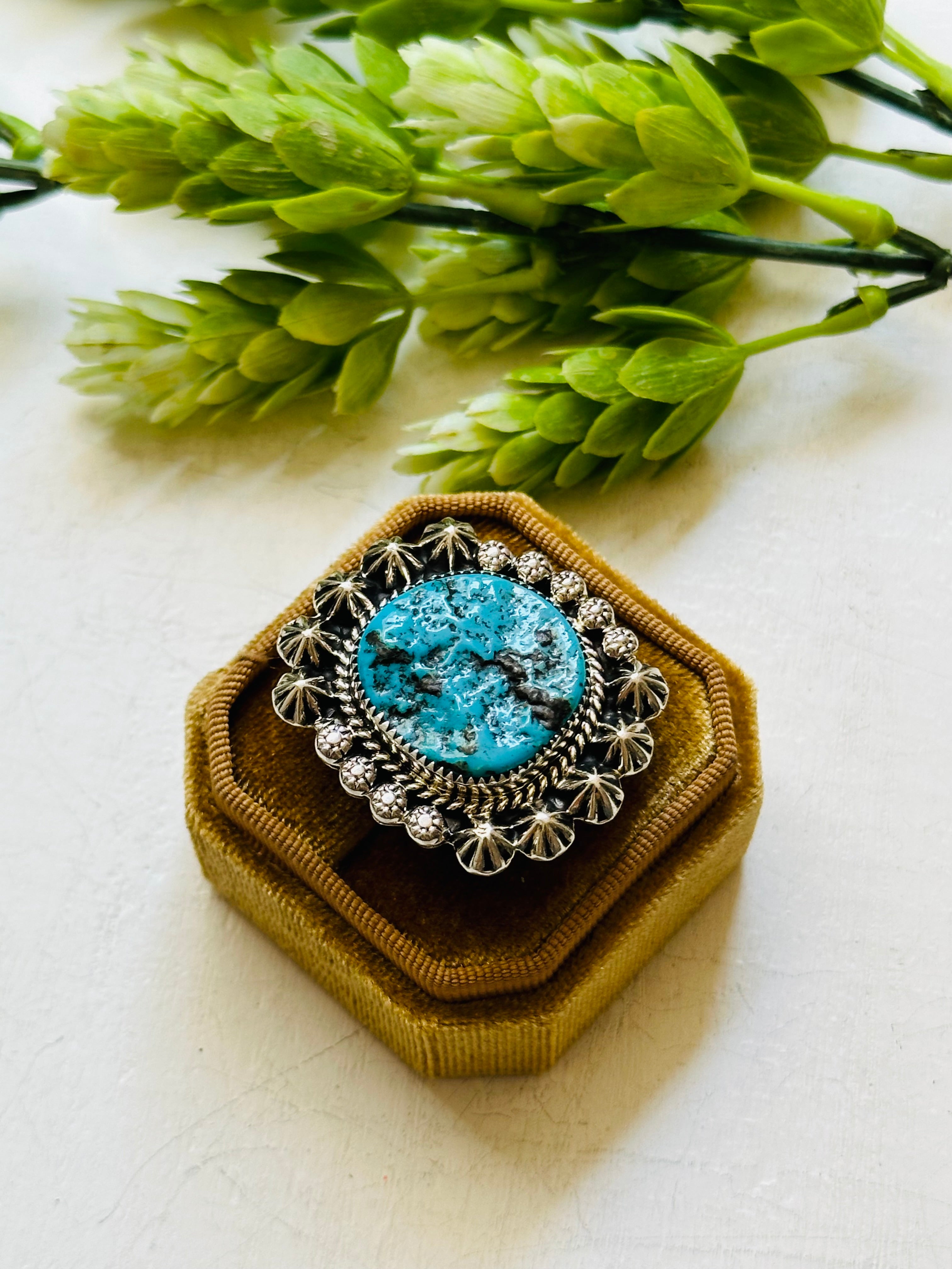 Navajo Handmade Kingman Turquoise & Sterling Silver Ring Size 10