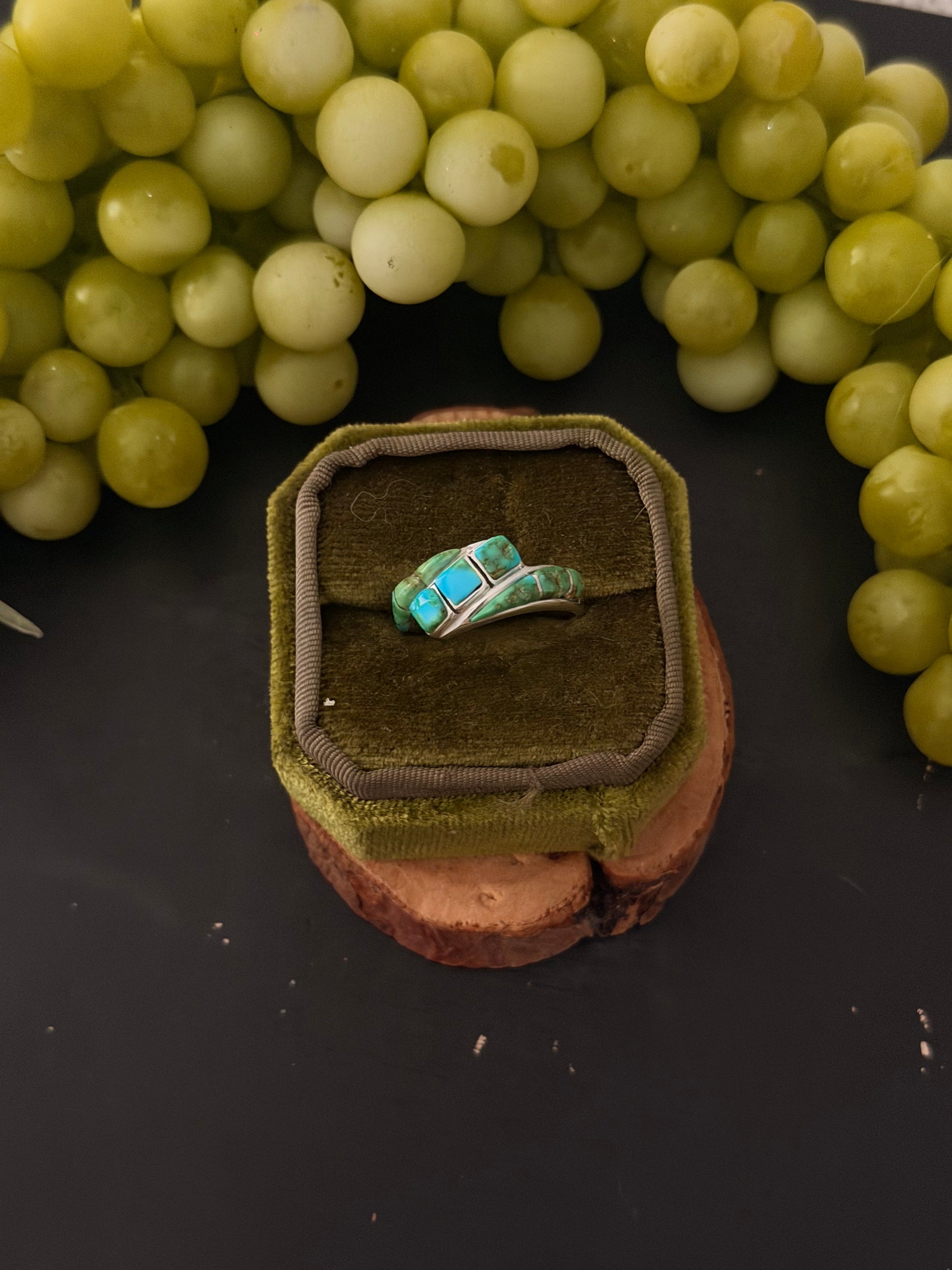 Navajo Made Sonoran Gold Turquoise & Sterling Silver Inlay Ring Size 7.5