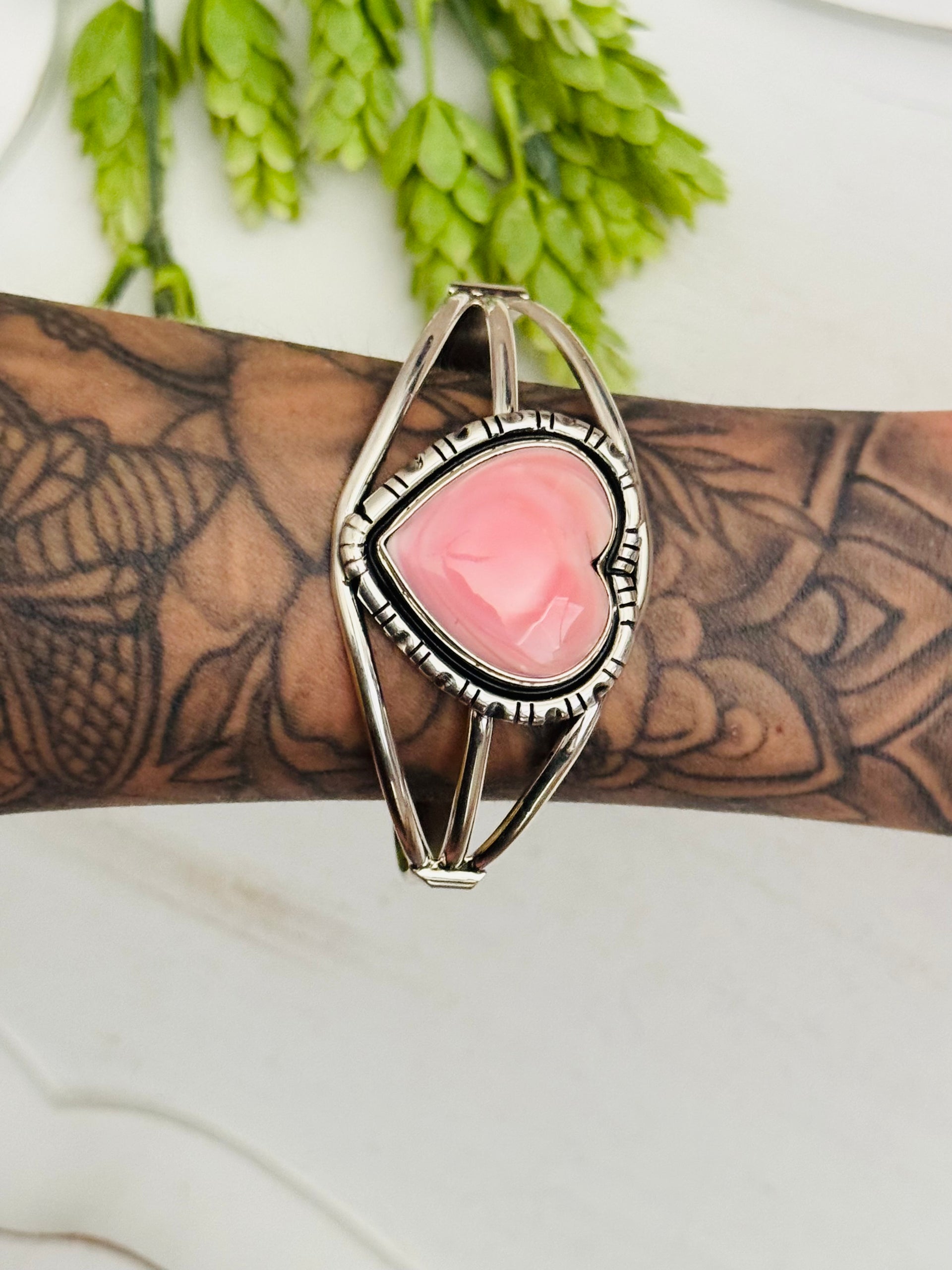 Alex Begay Pink Conch & Sterling Silver Cuff Heart Bracelet