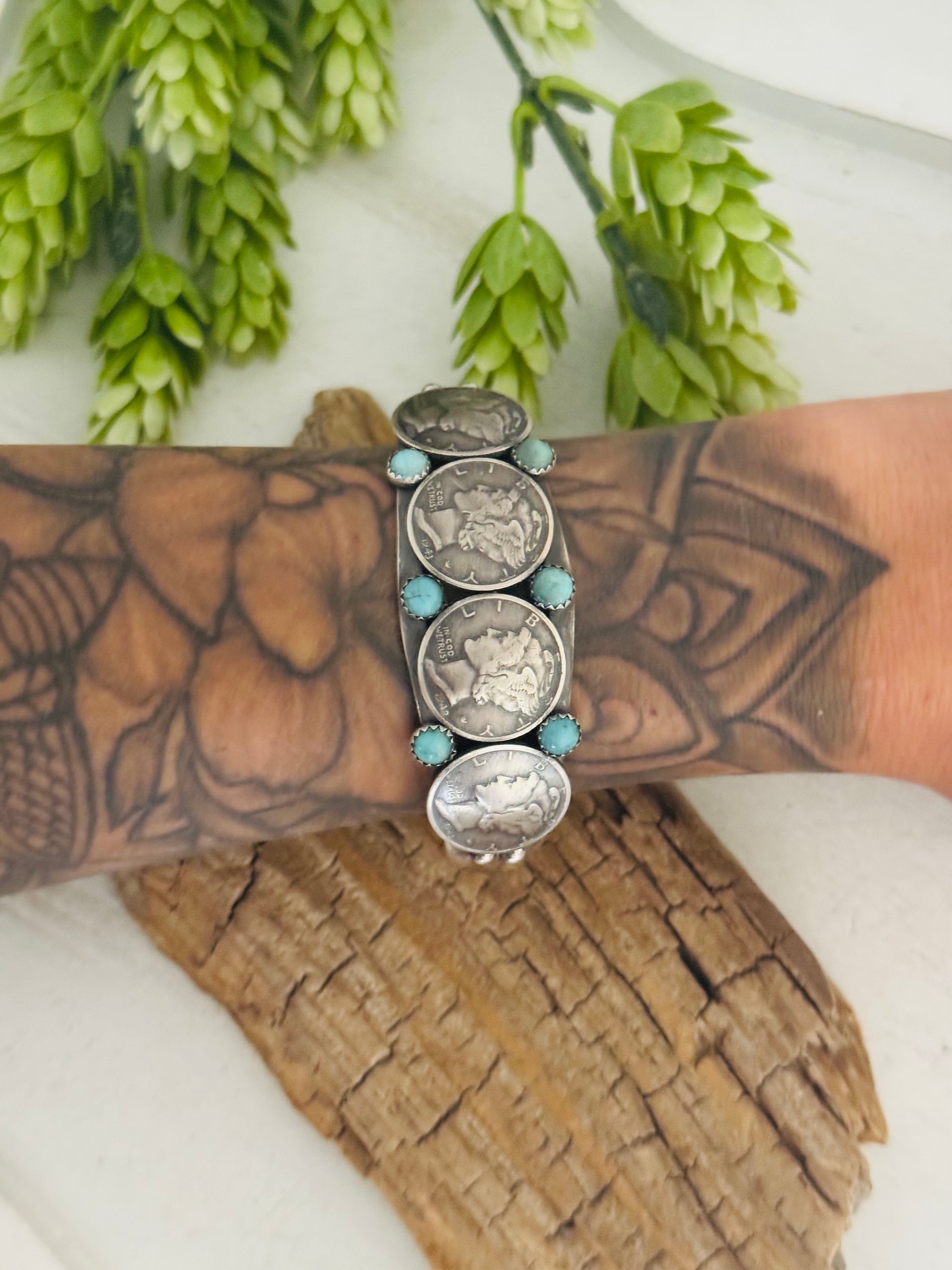 Larry Archuleta Kingman Turquoise & Sterling Silver Liberty Dime Cuff Bracelet