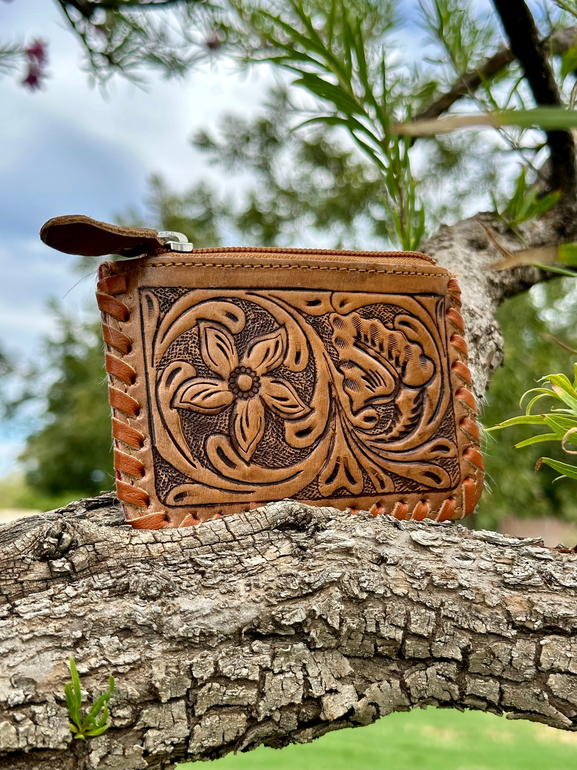 Genuine Tooled Leather Cowhide Coin Bag
