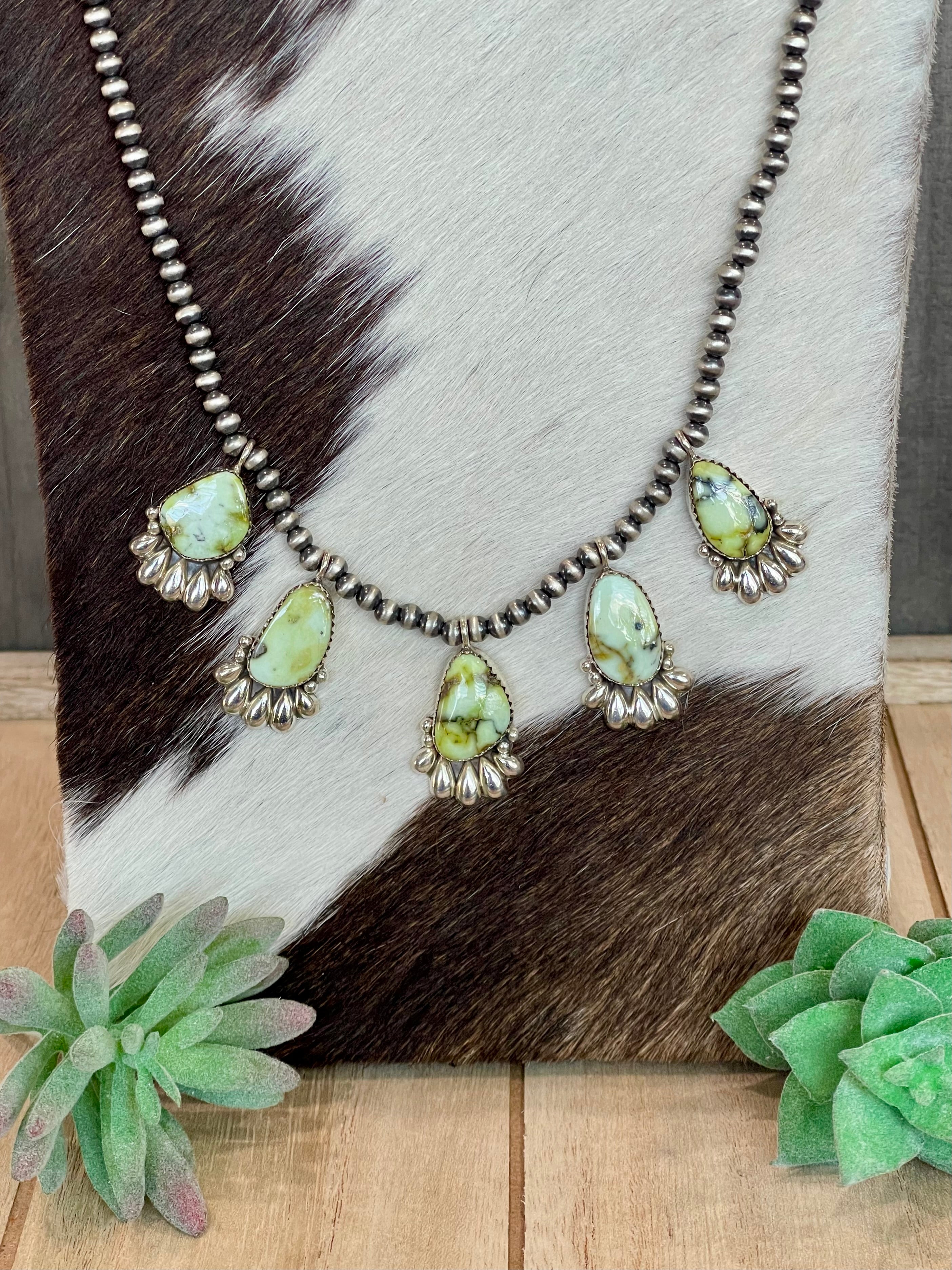 Southwest Handmade Palomino Variscite & Sterling Silver 5 Stone Necklace