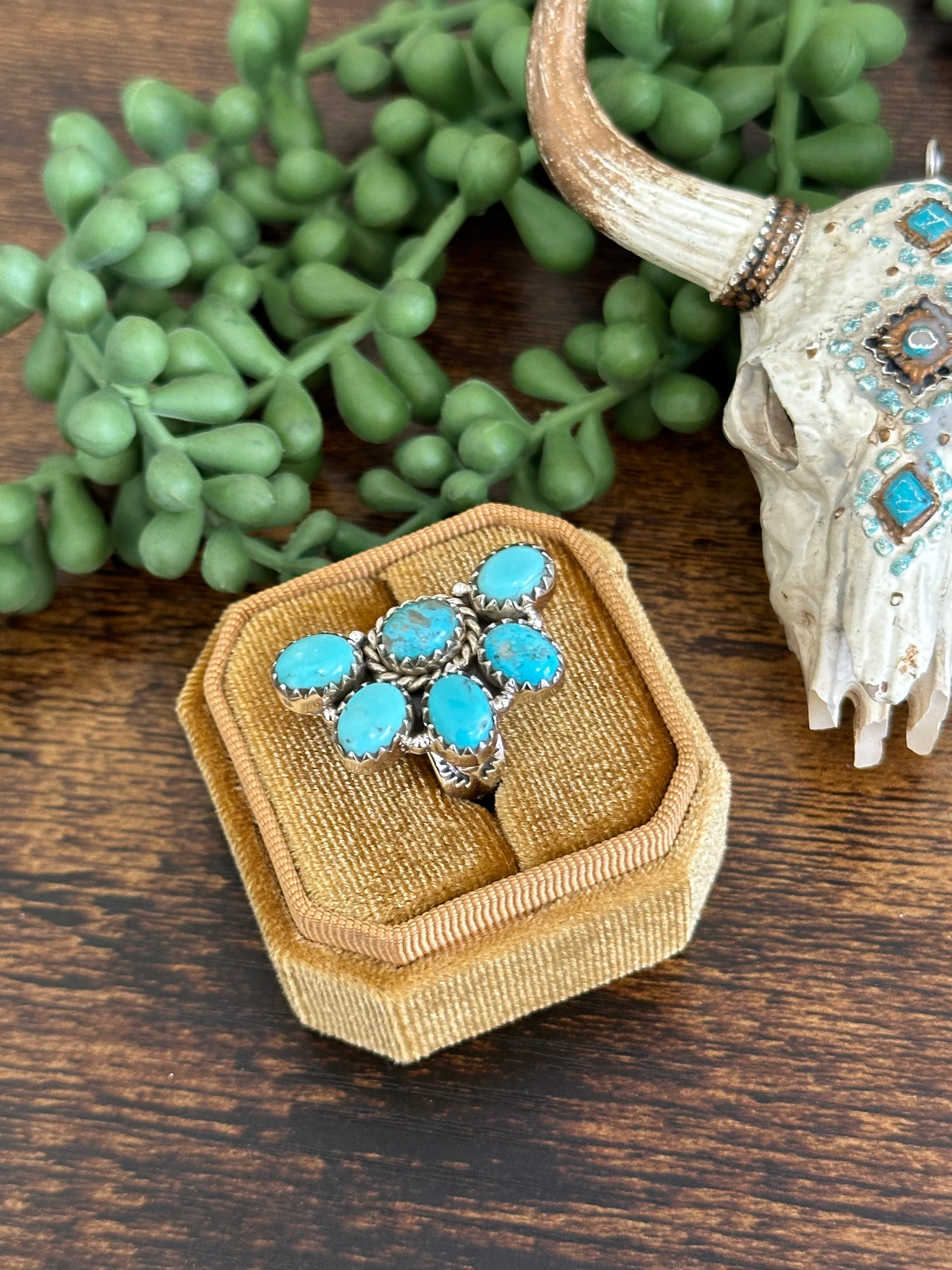 Southwest Handmade Kingman Turquoise & Sterling Silver Adjustable Cluster Ring