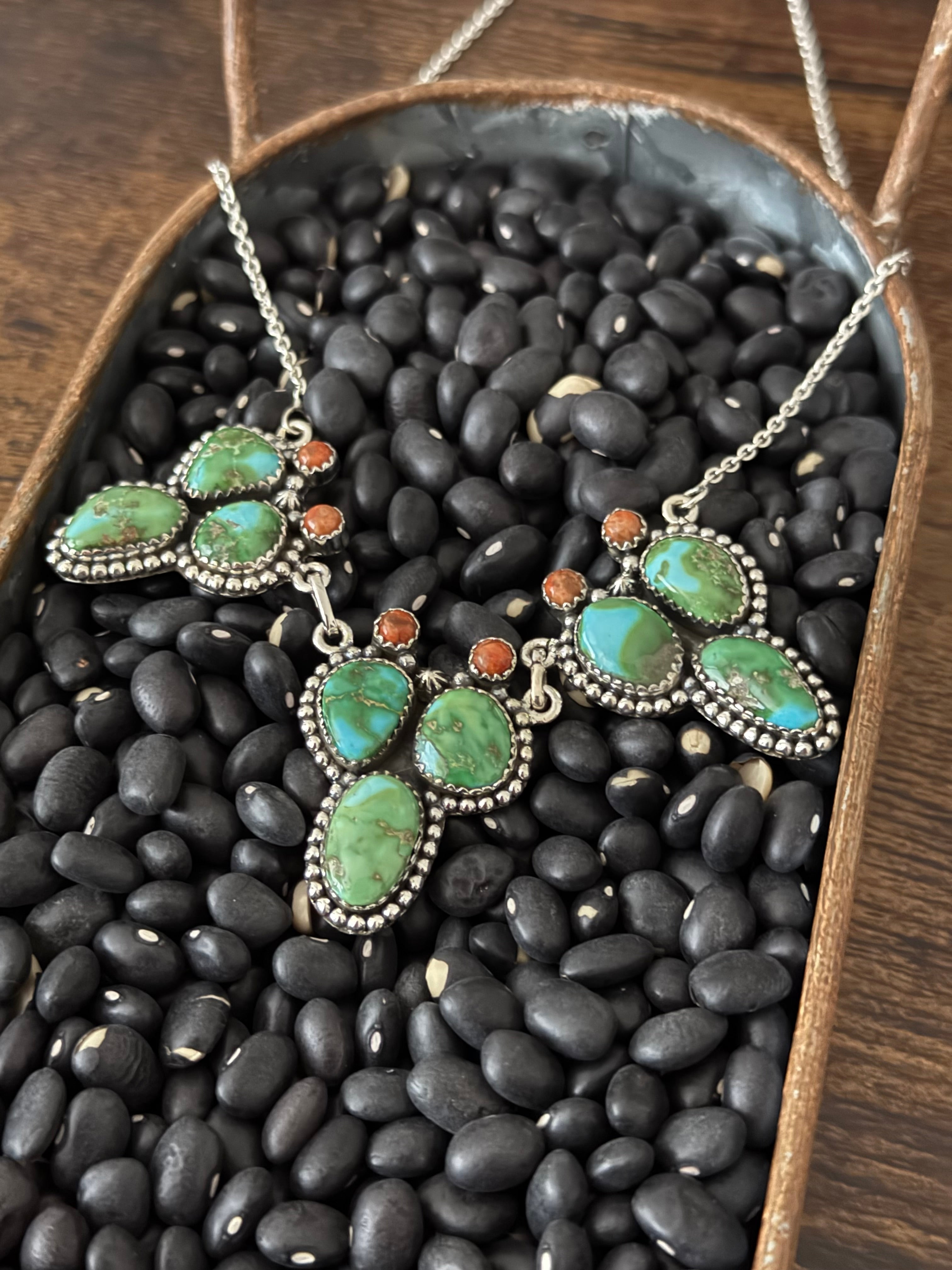 Southwest Handmade Multi Stone & Sterling Silver Prickly Pear Necklace