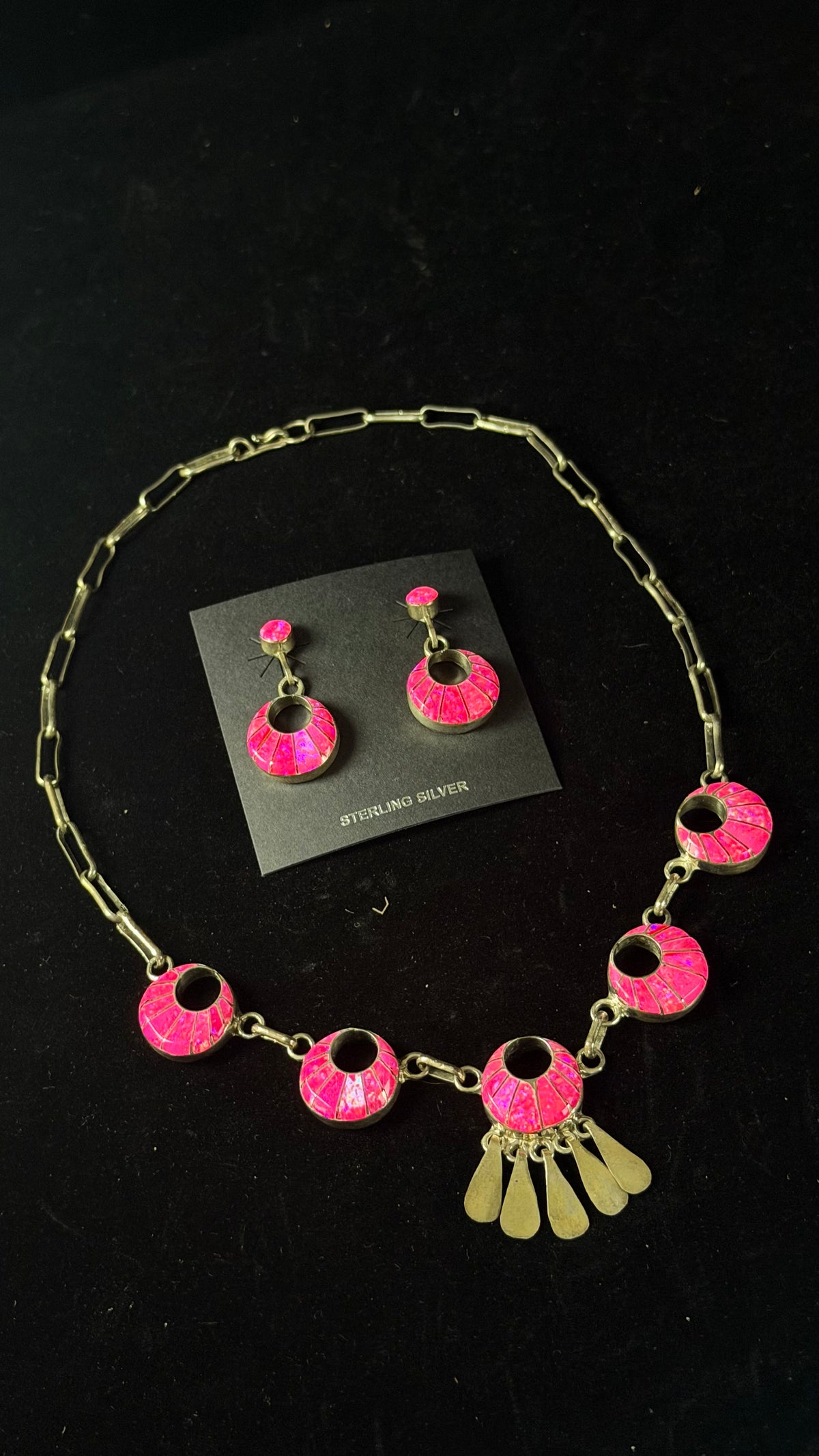 Old Pawn Zuni Made Hot Pink Opal (Man Made) & Sterling Silver Necklace Set
