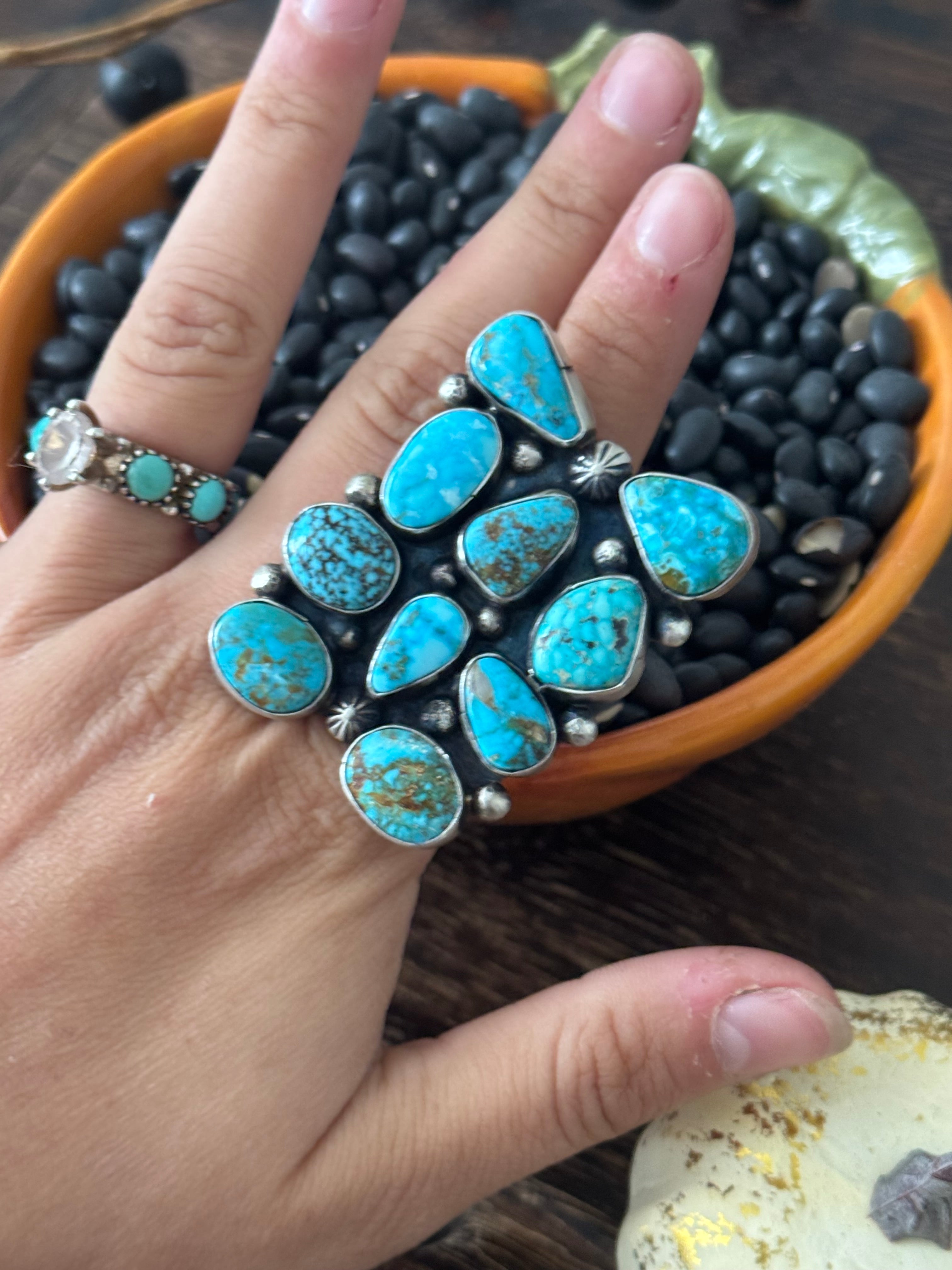 Navajo Made Birdseye Kingman Turquoise and Sterling Silver Ring Size 9