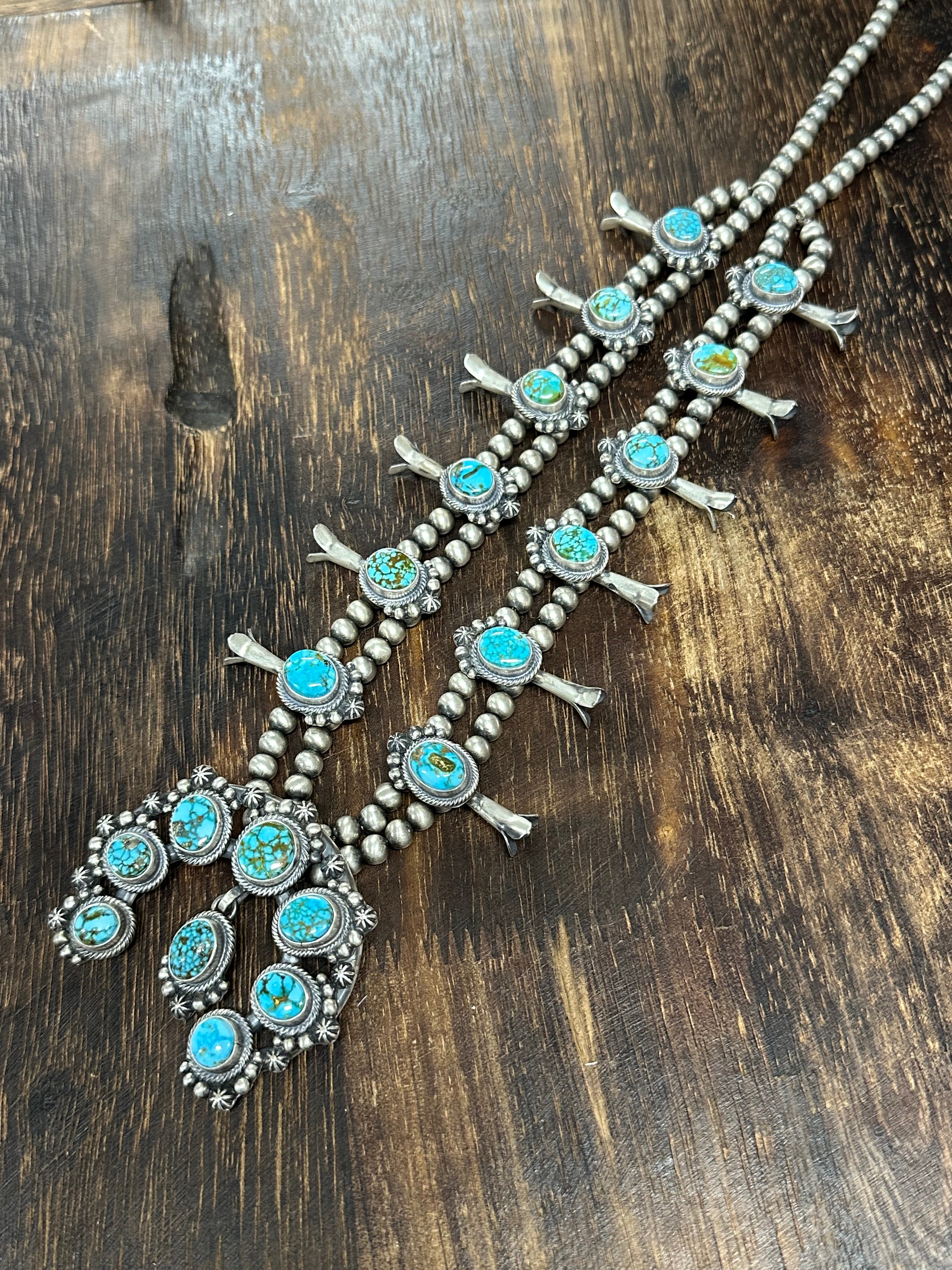 Thomas Francisco Kingman Turquoise & Sterling Silver Squash Blossom Necklace Set