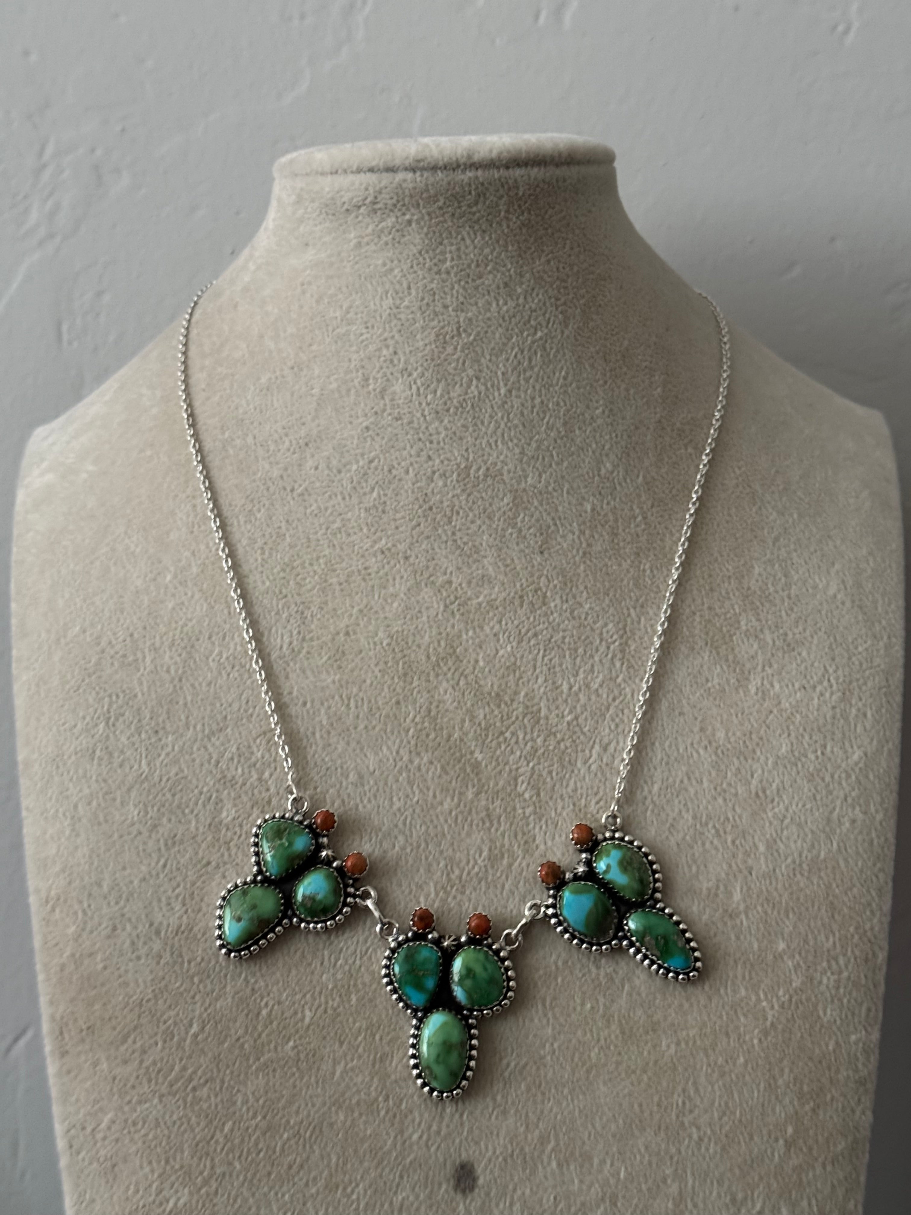 Southwest Handmade Multi Stone & Sterling Silver Prickly Pear Necklace