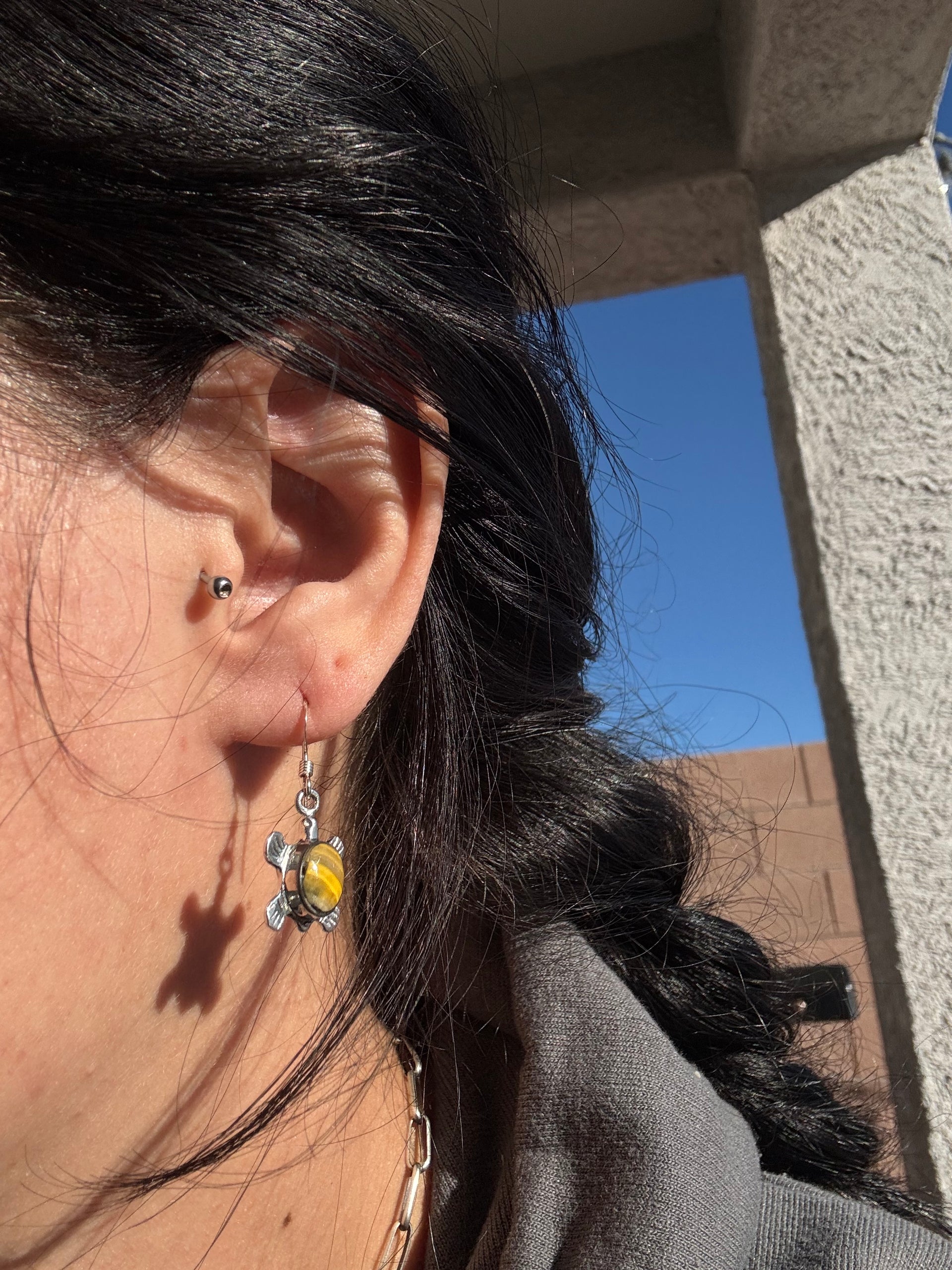 Navajo Made BB Agate & Sterling Silver Dangle Turtle Earrings