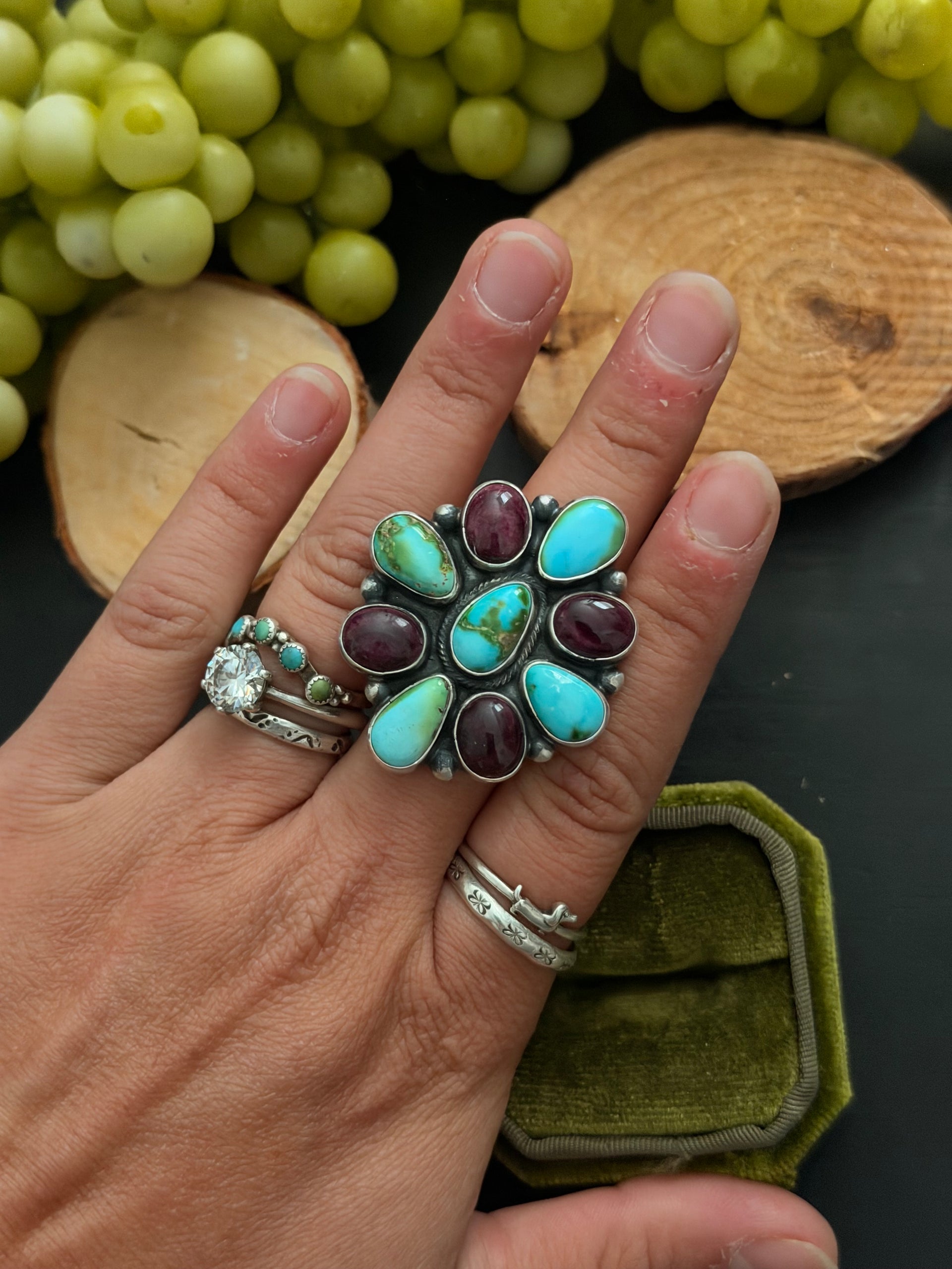 Sharon Francisco Multi Stone & Sterling Silver Cluster Ring Size 8.25