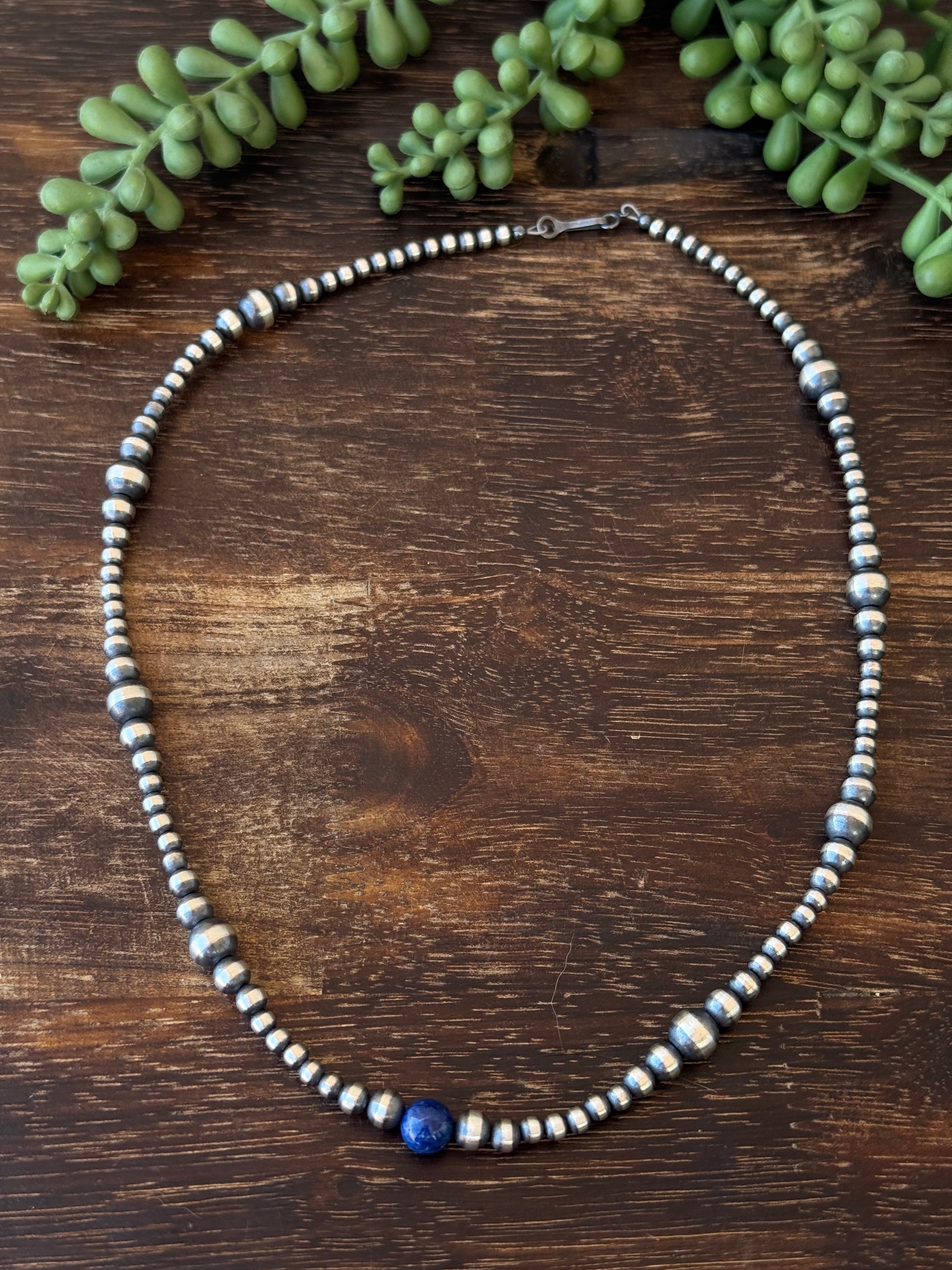 Navajo Strung Lapis & Sterling Silver Graduated Pearl Necklace