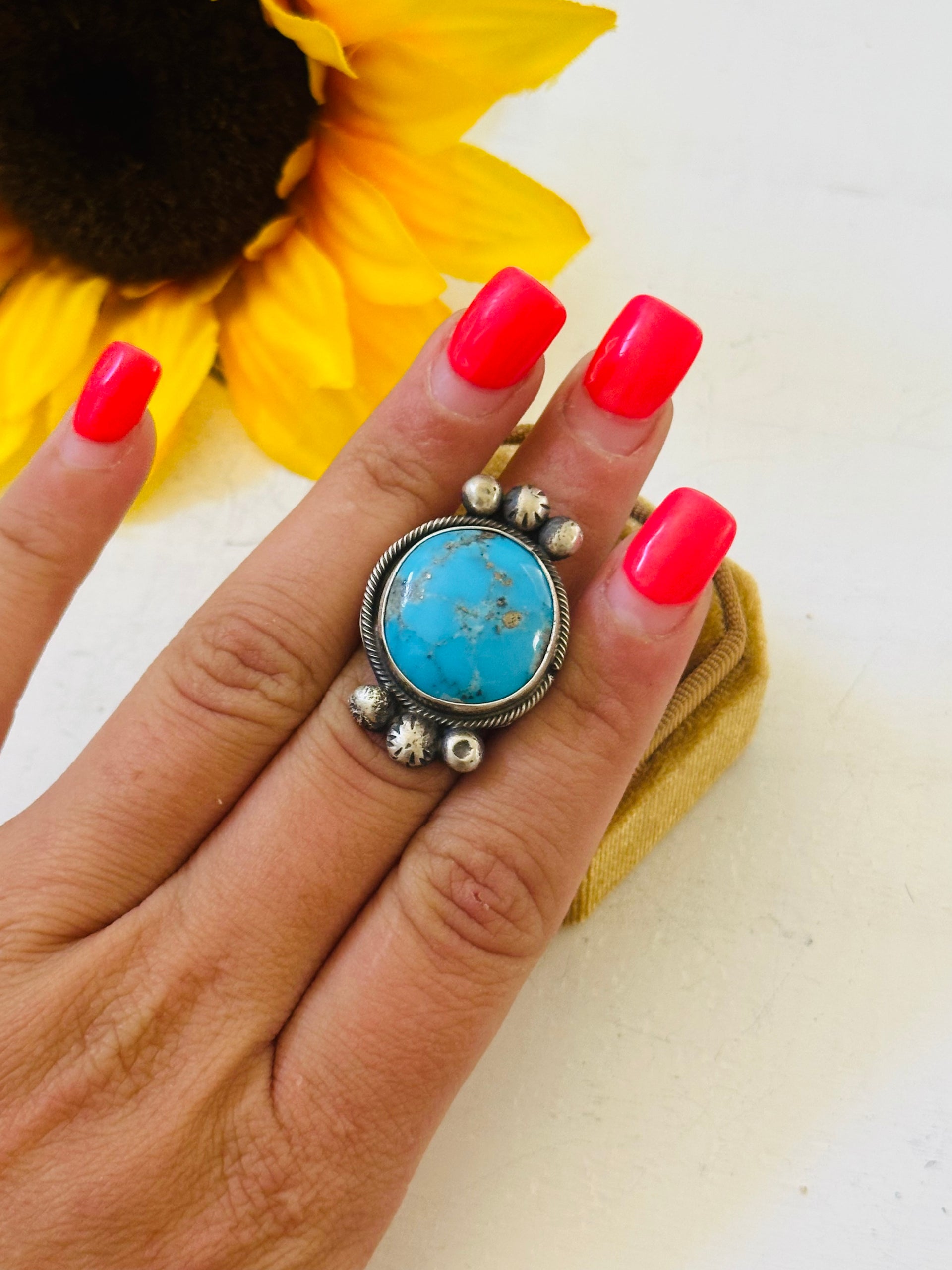 Navajo Made Kingman Turquoise & Sterling Silver Ring Size 6.5