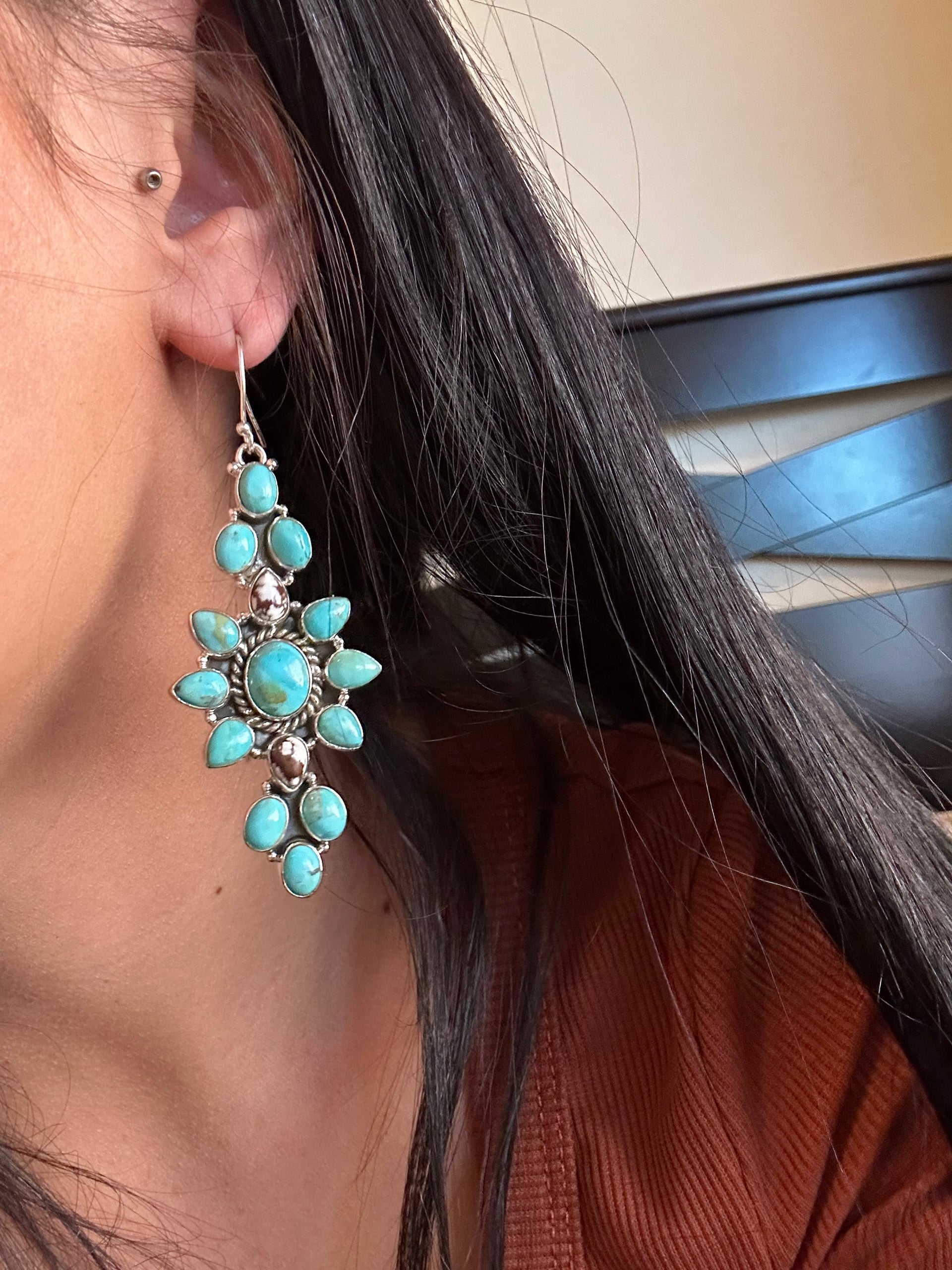 Southwest Handmade Multi Stone & Sterling Silver Dangle Cluster Earrings
