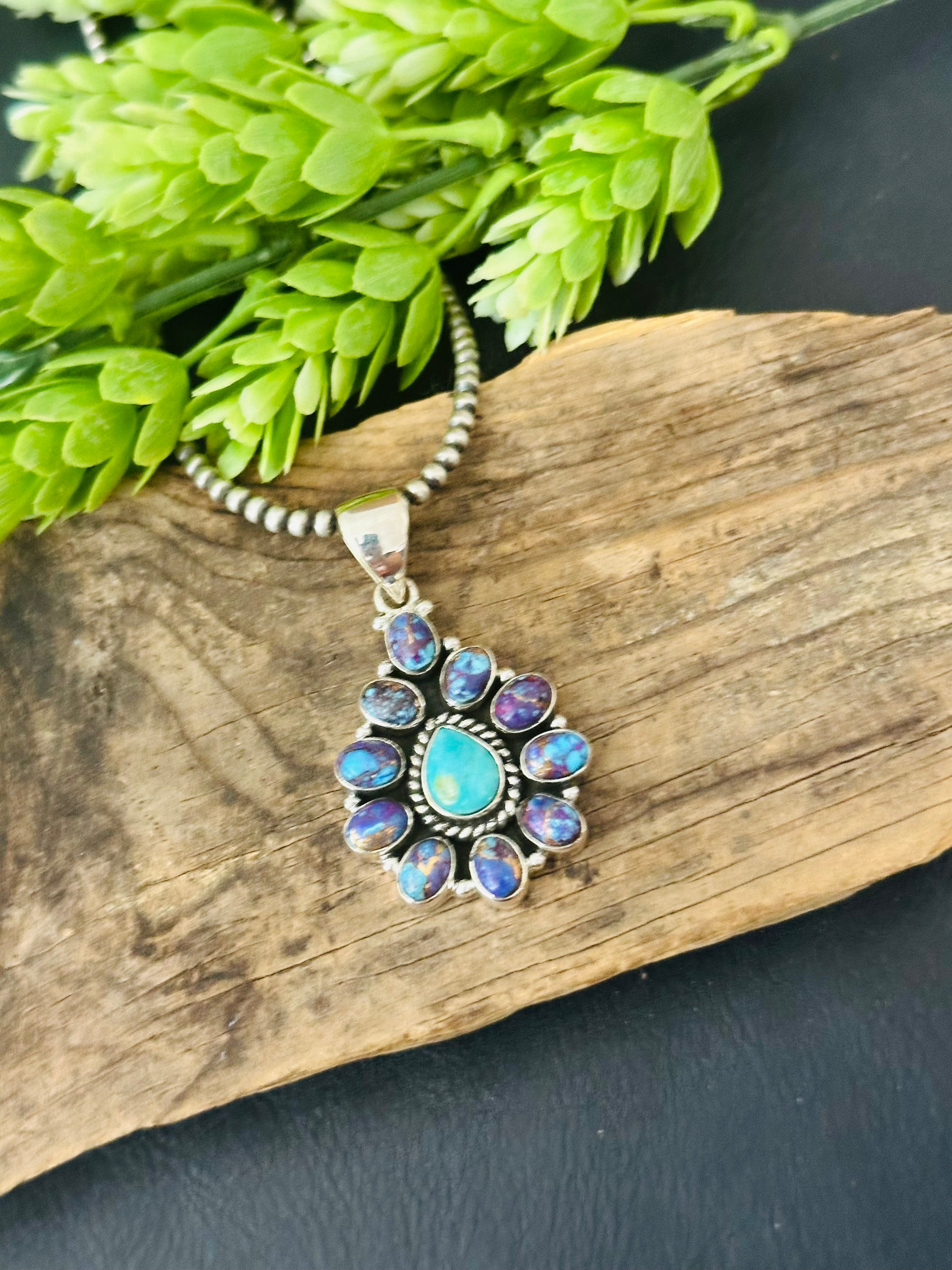 Southwest Handmade Multi Stone & Sterling Silver Cluster Pendant